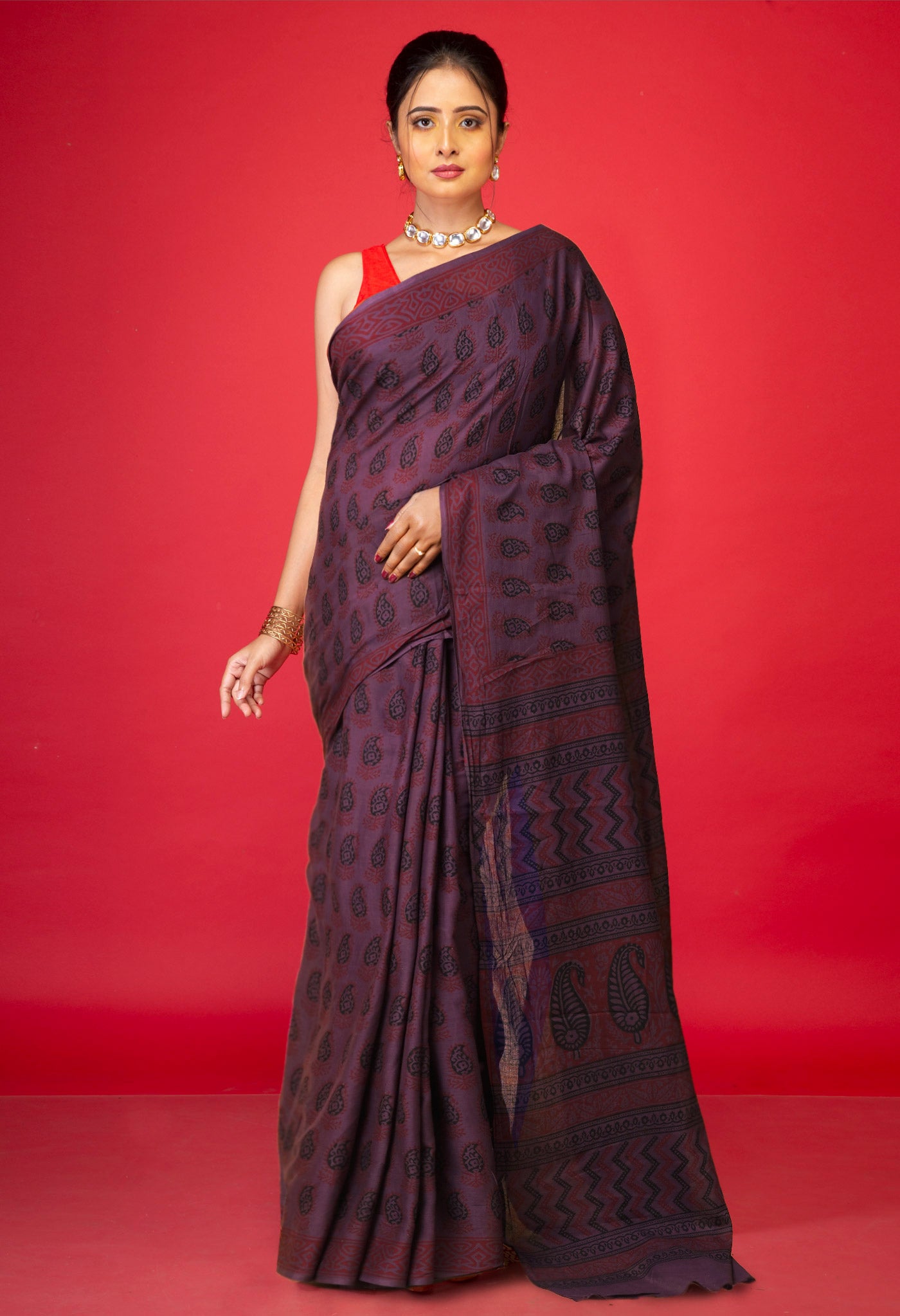 Brown Pure  Bagh Printed Soft Cotton Saree-UNM78608