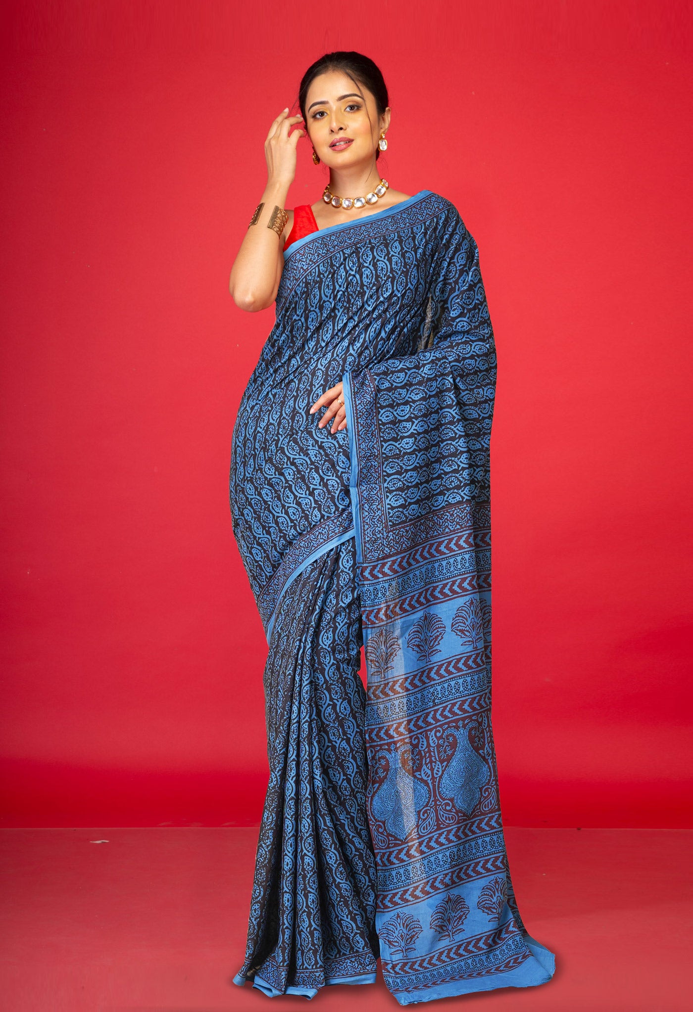 Blue Pure  Bagh Printed Soft Cotton Saree-UNM78756