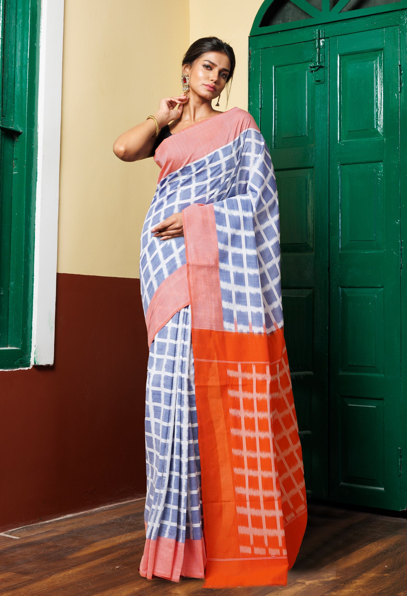 White-Blue Pure Pochampally Mercerized Cotton Saree-UNM78816