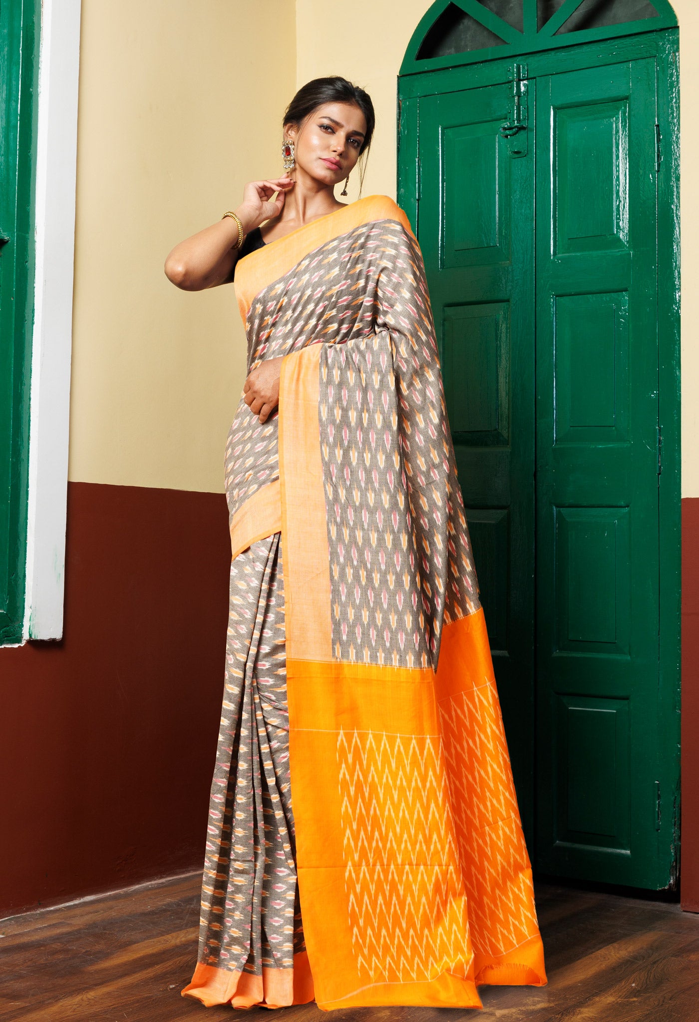 Grey Pure Pochampally Mercerized Cotton Silk Saree-UNM78844