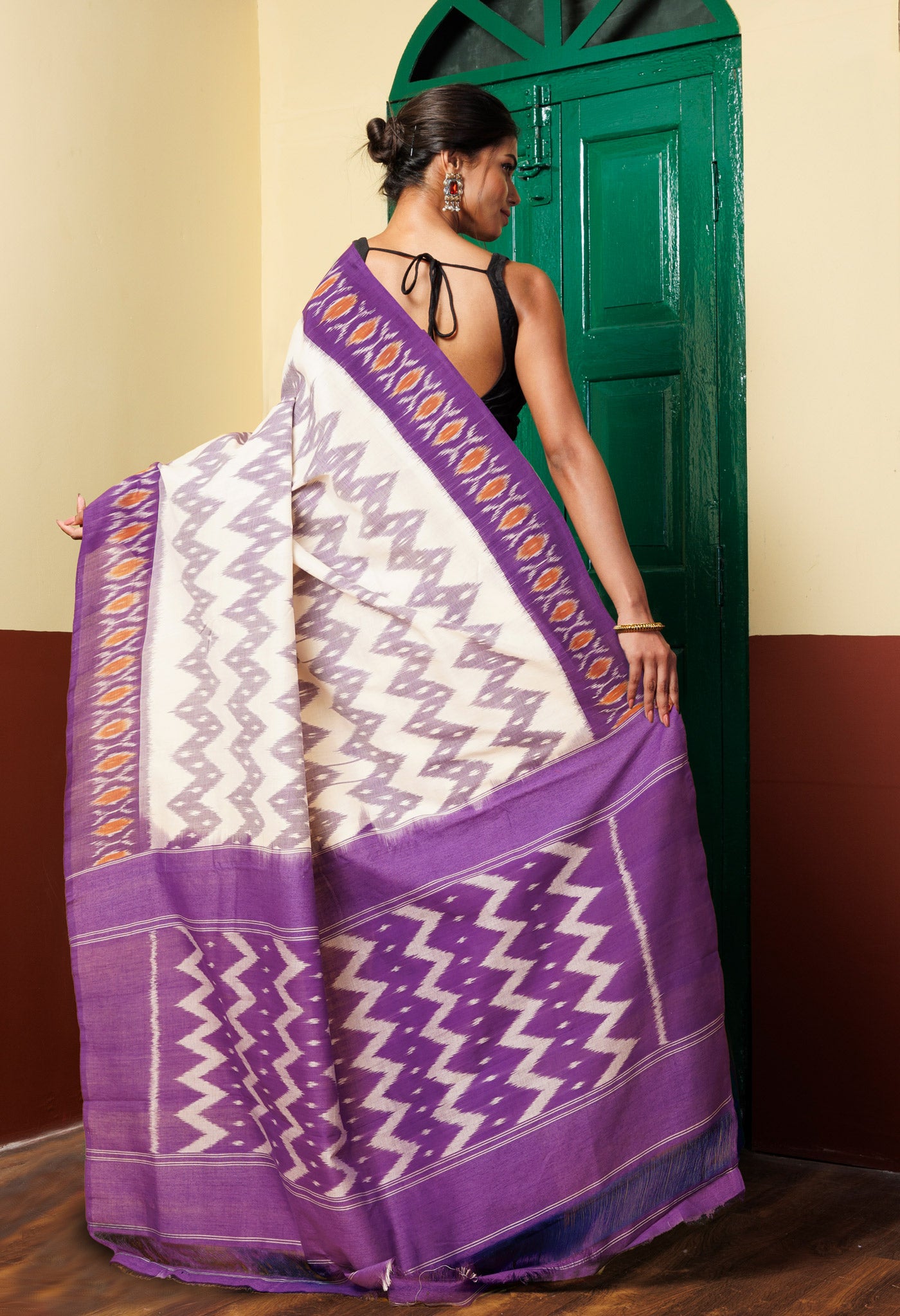 White-Purple Pure Handloom Pochampally Cotton Saree-UNM78847