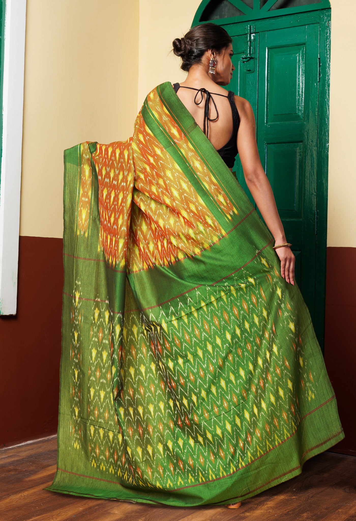 Green-Red Pure Pochampally Mercerized Cotton Saree