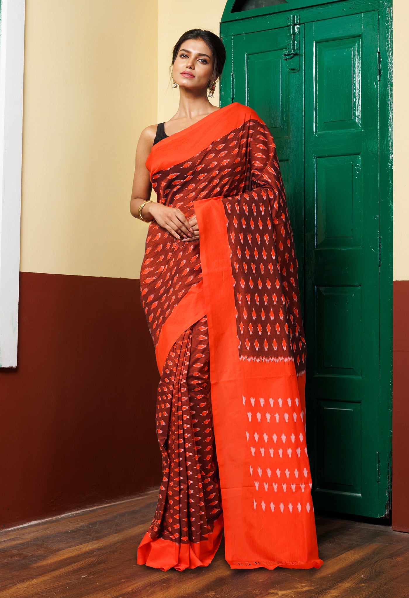 Rust Orange Pure Pochampally Mercerized Cotton Silk Saree-UNM78907