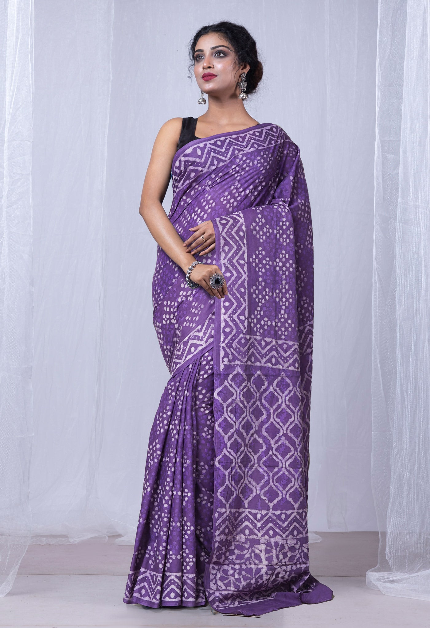 Violet Pure  Dabu Printed Mulmul Cotton Saree-UNM78959