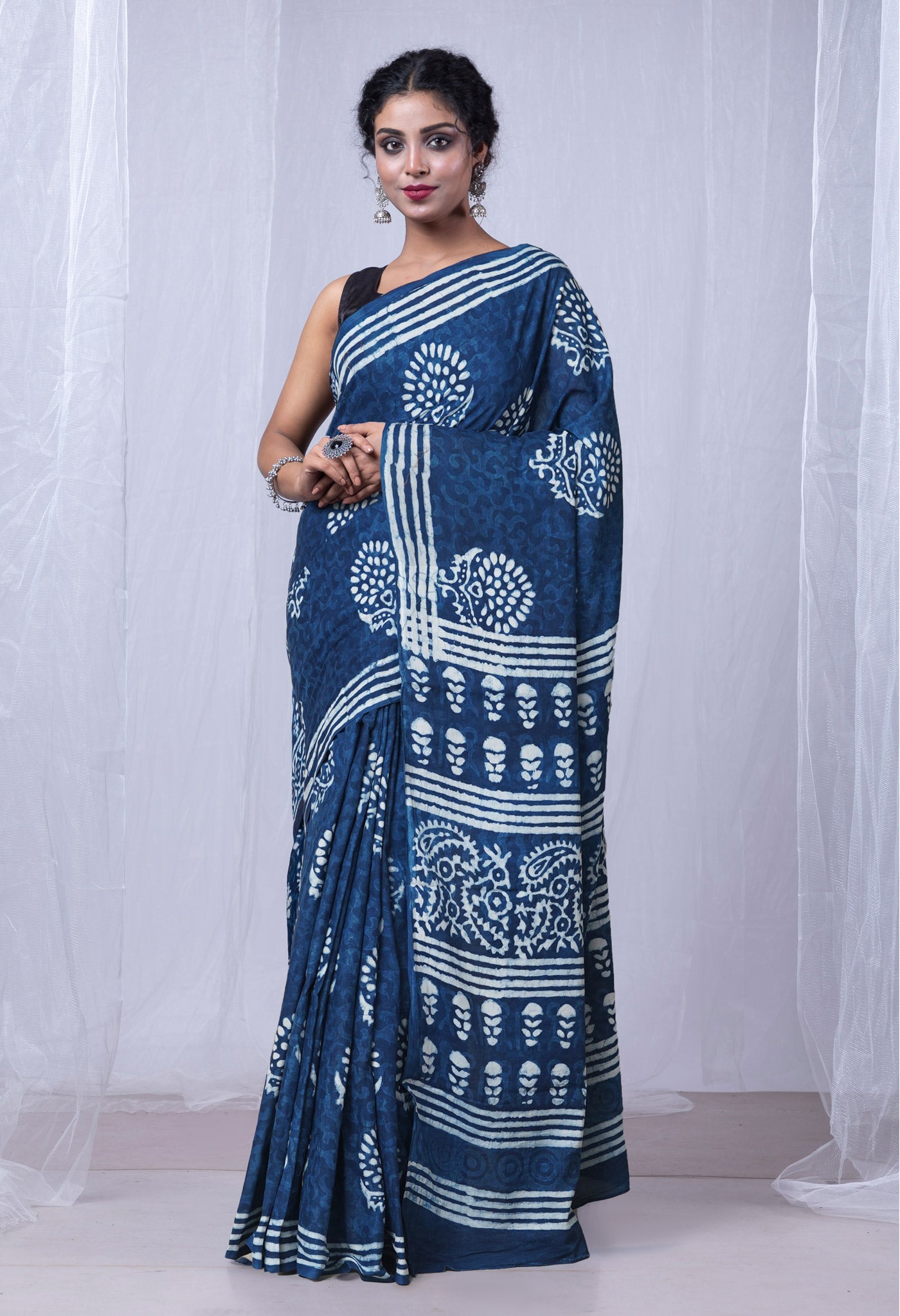 Indigo Blue Pure  Dabu Printed Mulmul Cotton Saree-UNM78962