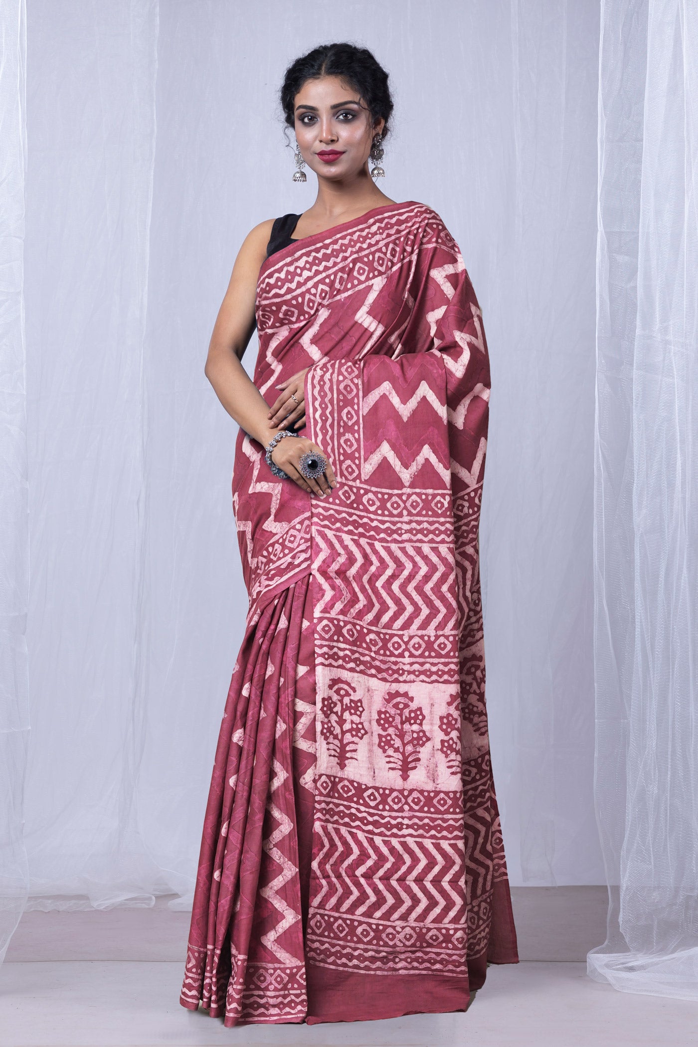 Pink Pure  Dabu Printed Mulmul Cotton Saree-UNM78965