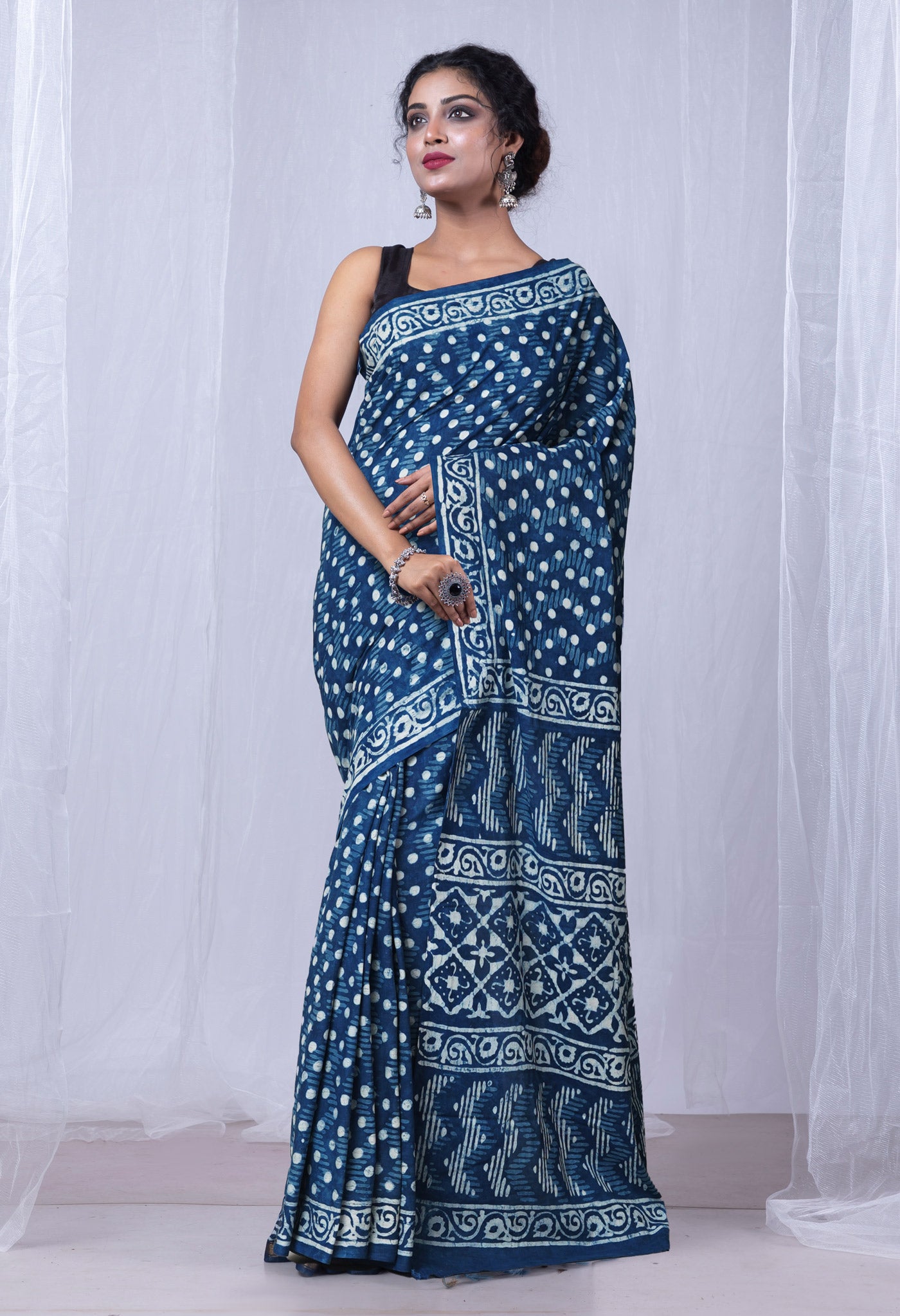 Indigo Blue Pure  Dabu Printed Mulmul Cotton Saree-UNM78966