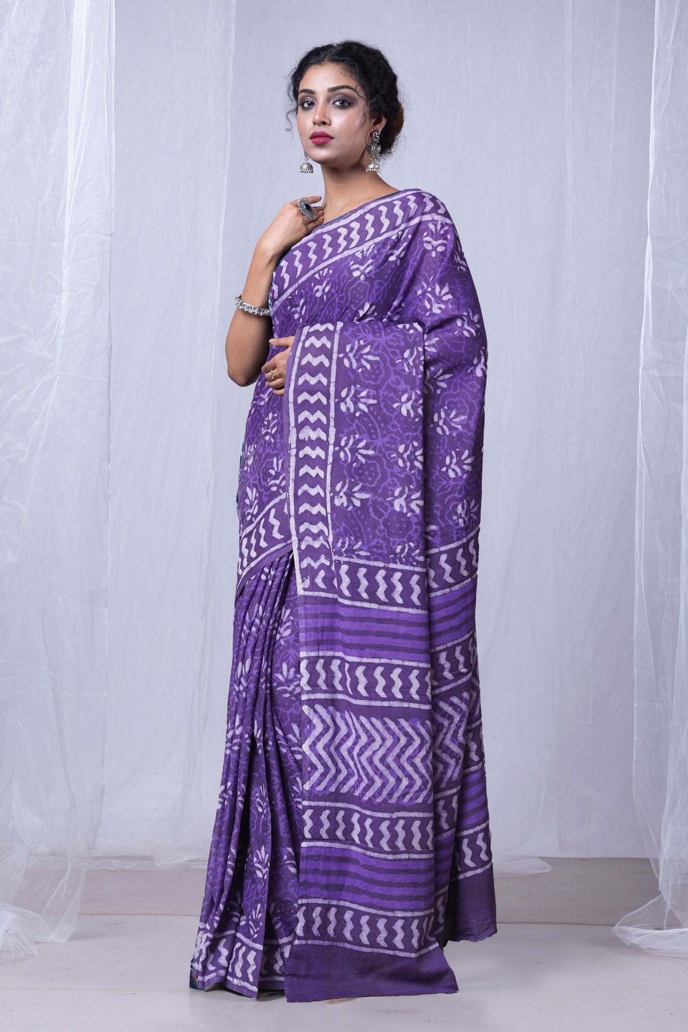 Violet Pure  Dabu Printed Mulmul Cotton Saree-UNM78968