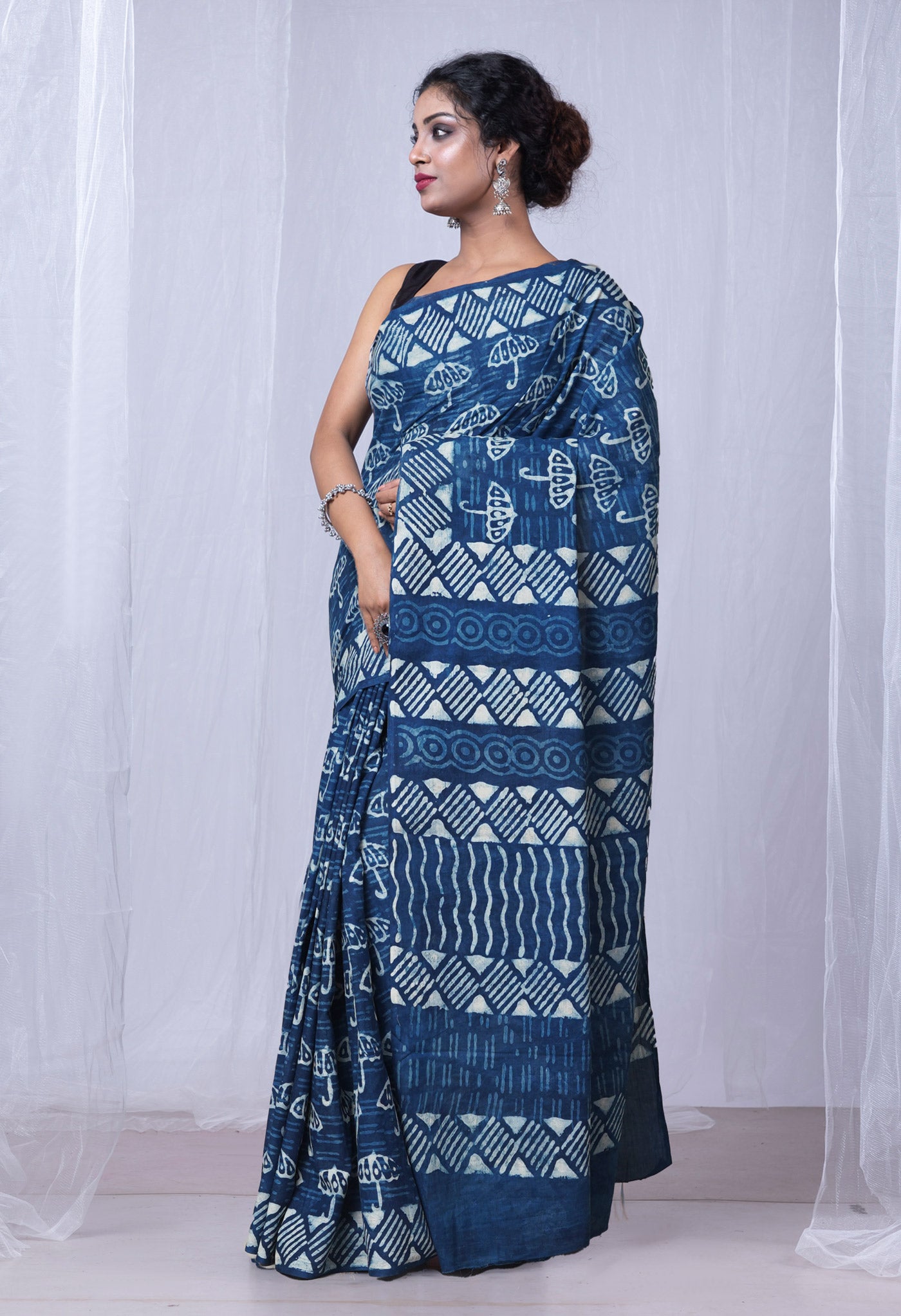 Indigo Blue Pure  Dabu Printed Mulmul Cotton Saree-UNM78969