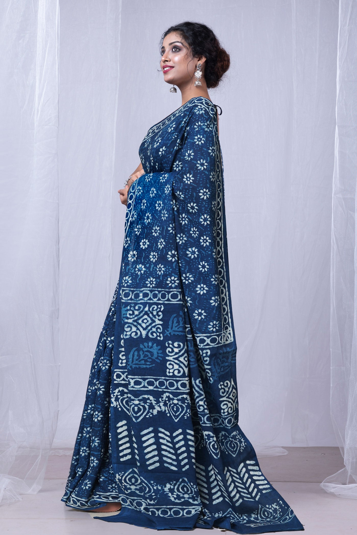 Indigo Blue Pure  Dabu Printed Mulmul Cotton Saree