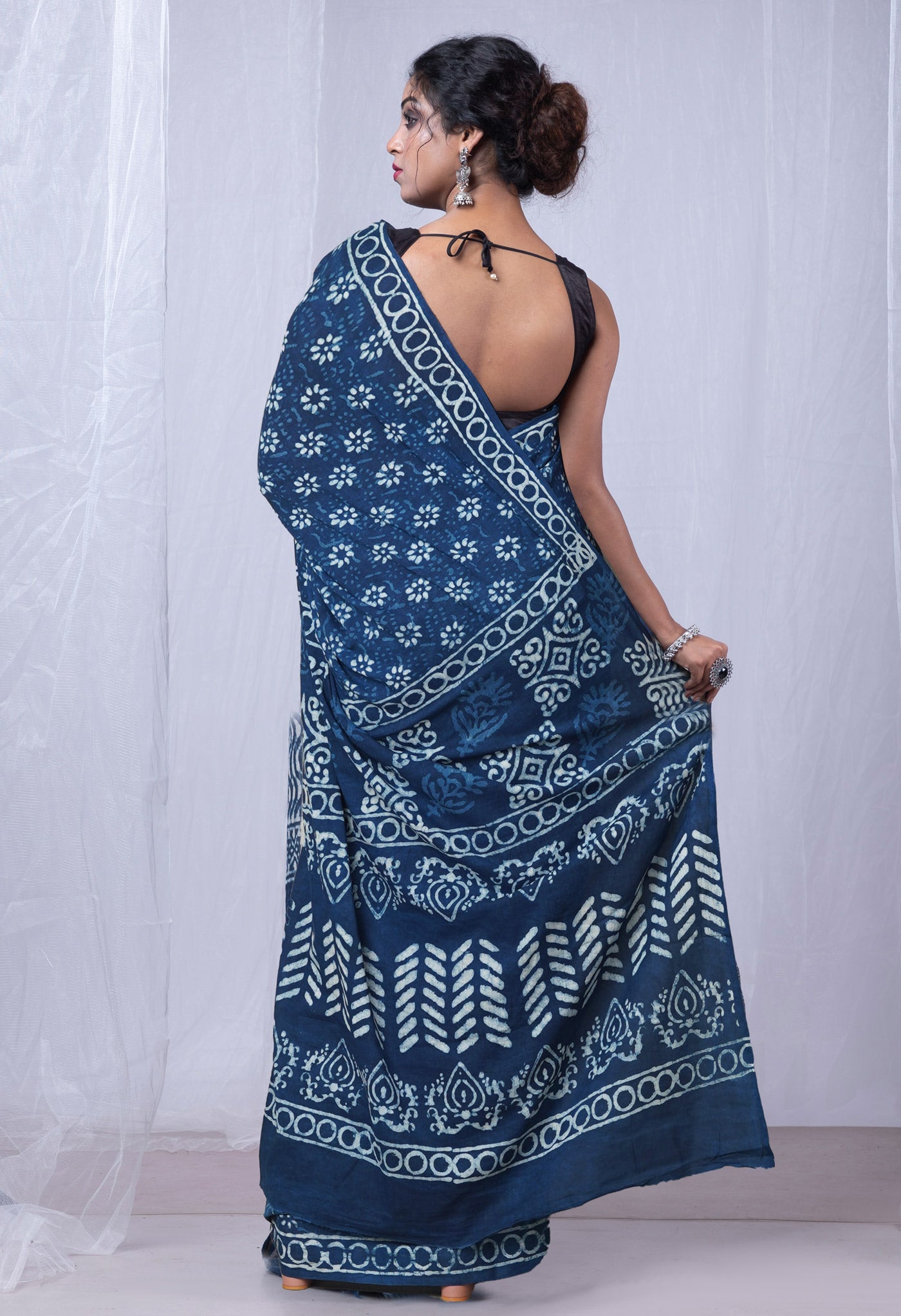 Indigo Blue Pure  Dabu Printed Mulmul Cotton Saree