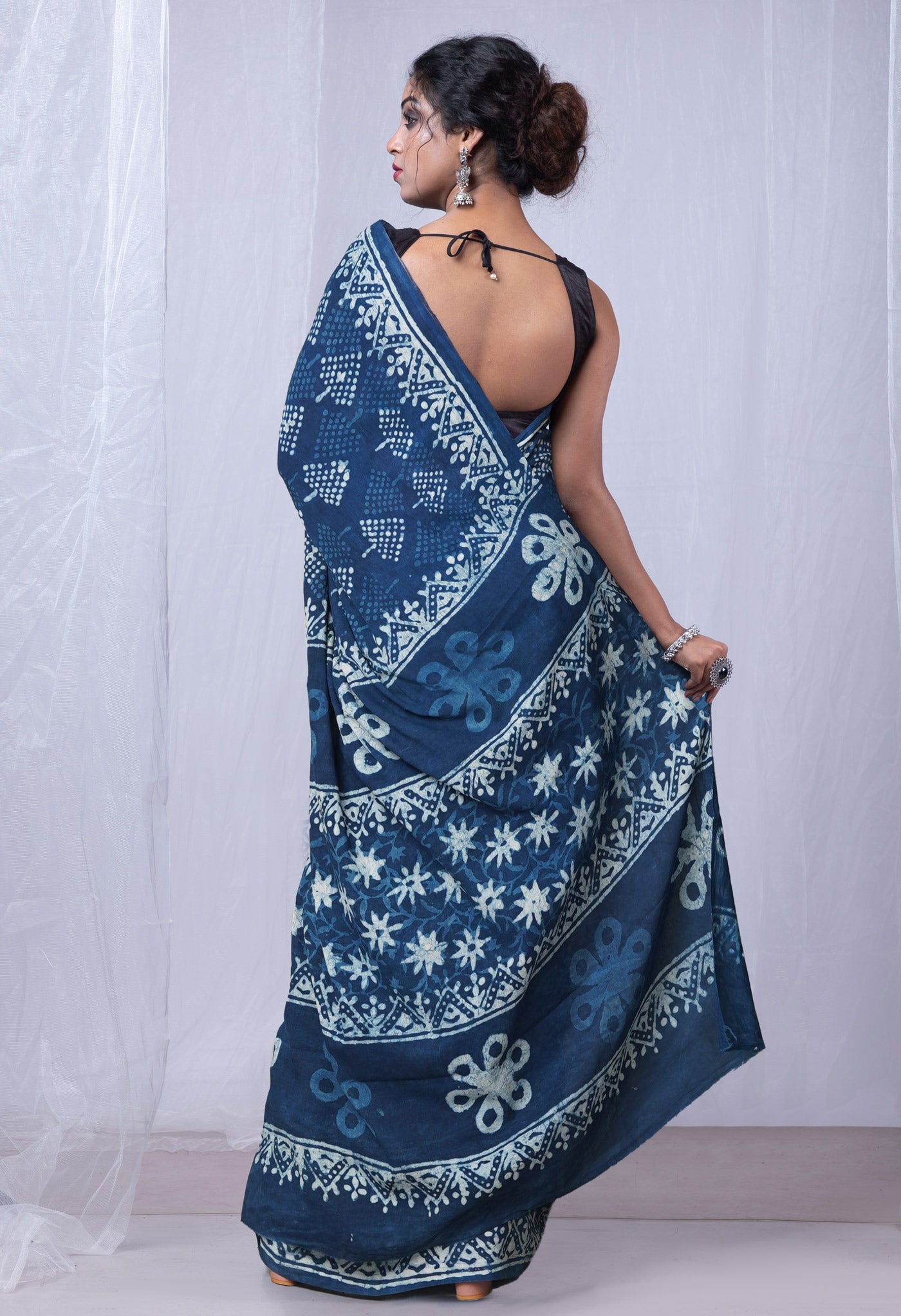 Indigo Blue Pure  Dabu Printed Mulmul Cotton Saree-UNM78977