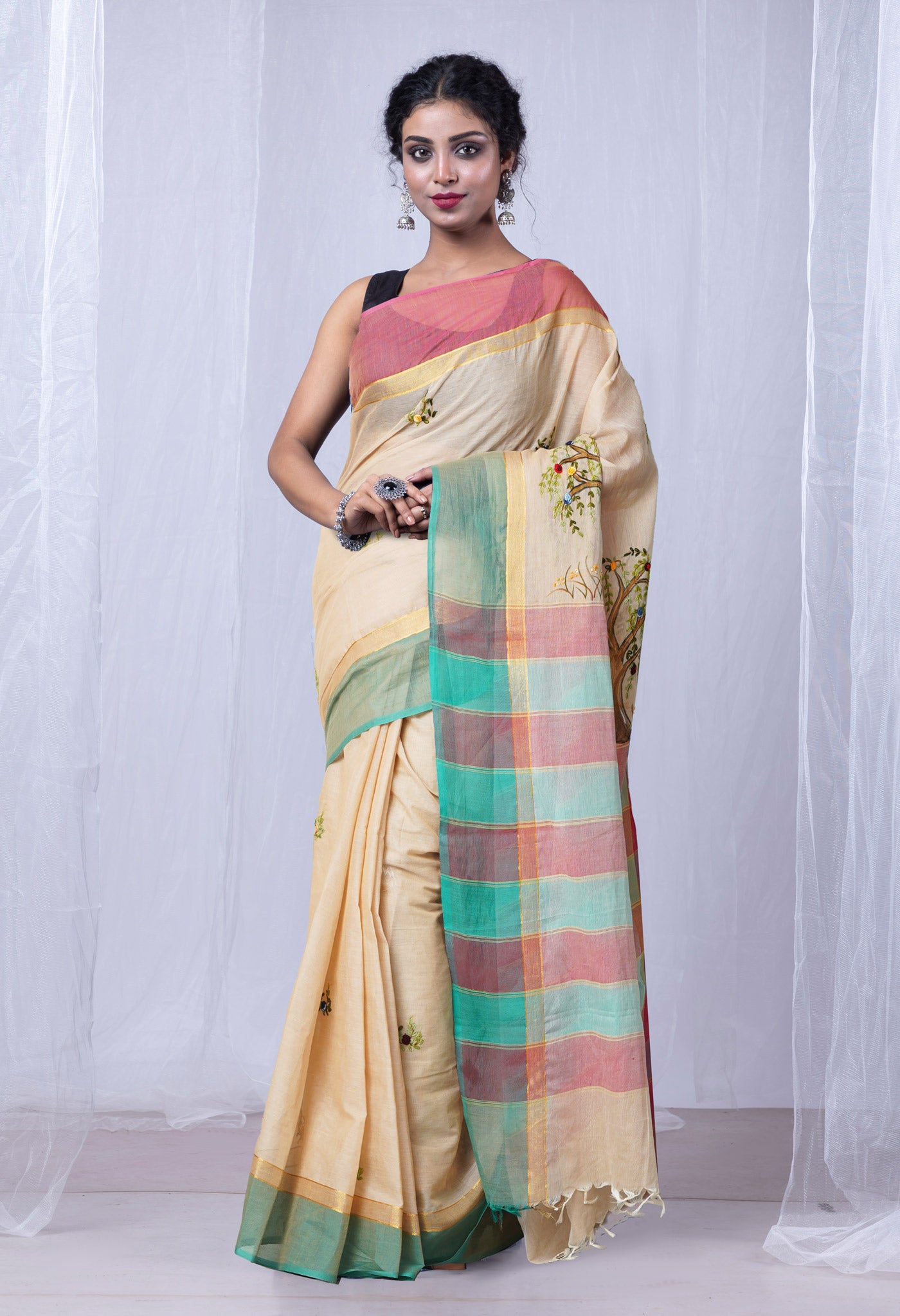 Cream Pure Brush Painting with Hand Embroidery Soft Cotton Saree-UNM79052