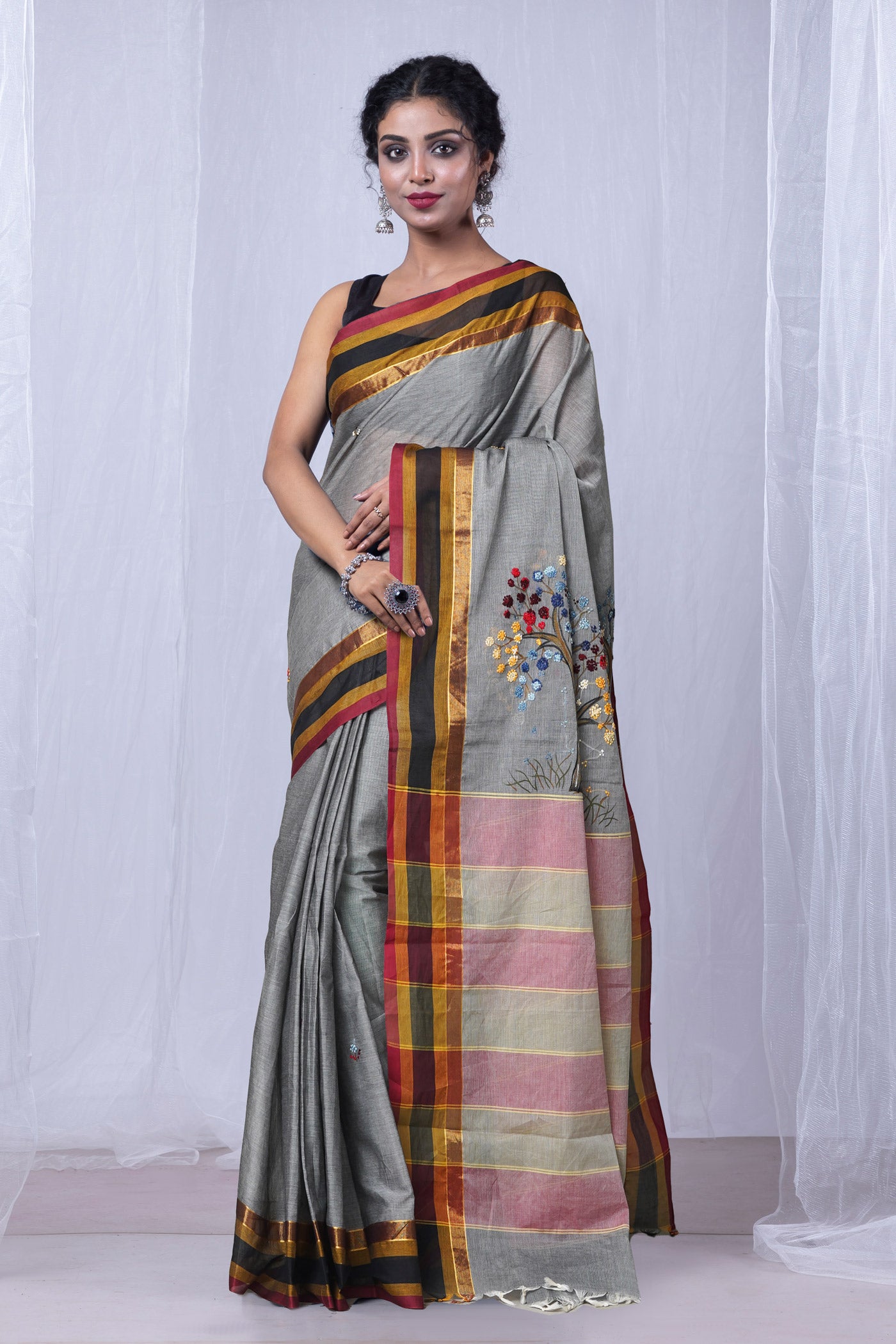 Grey Pure Brush Painting with Hand Embroidery Soft Cotton Saree-UNM79055