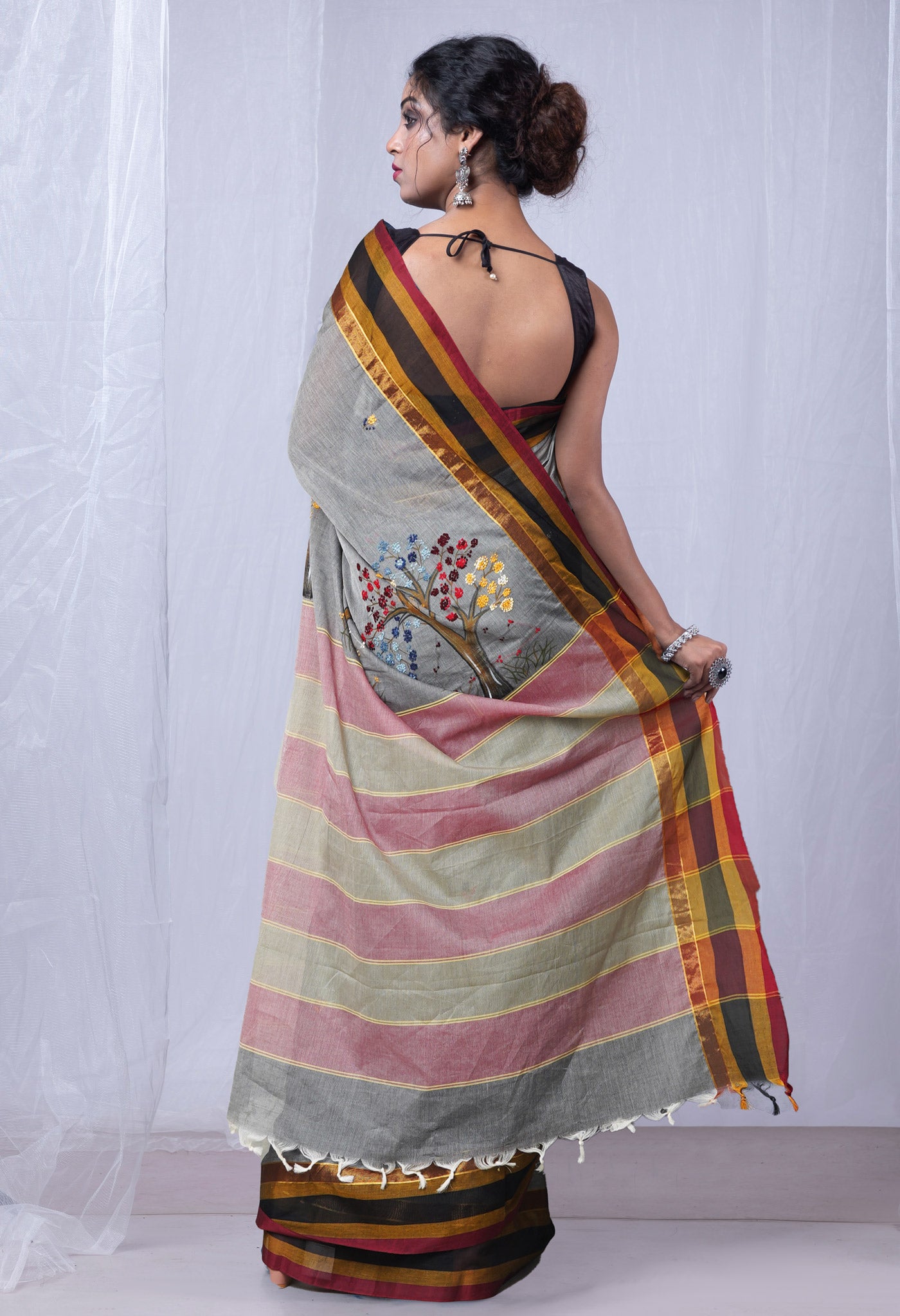 Grey Pure Brush Painting with Hand Embroidery Soft Cotton Saree-UNM79055