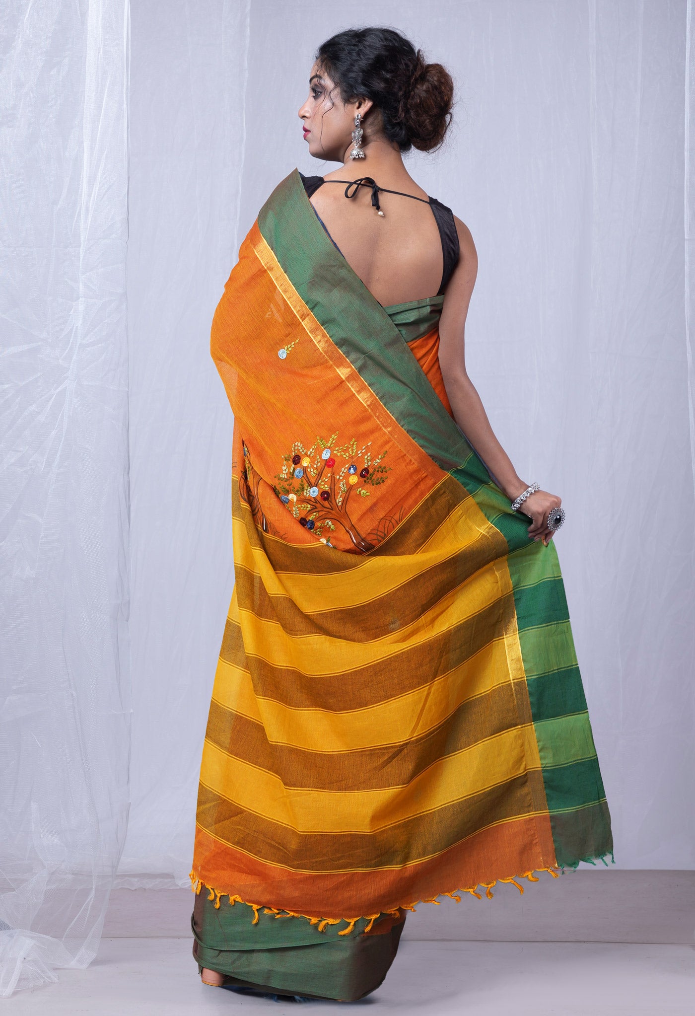 Mustard Yellow Pure Brush Painting with Hand Embroidery Soft Cotton Saree