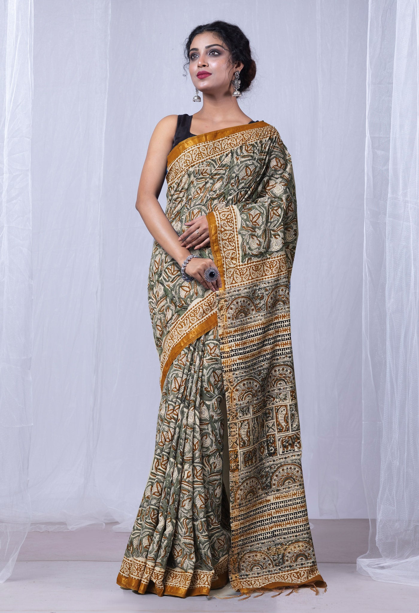 Green Pure Bagru Printed Pashmina Sico Saree