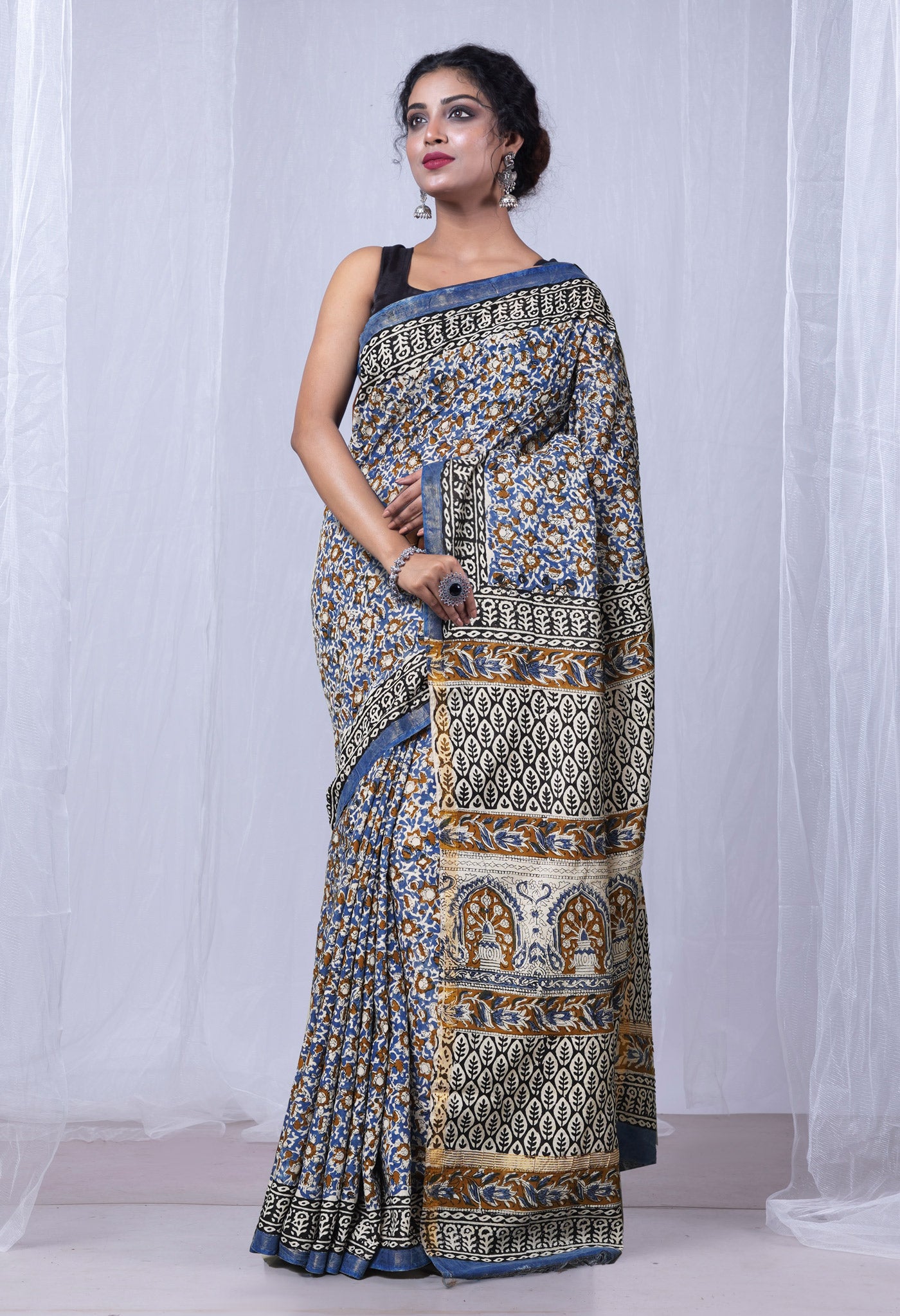 Blue Pure Bagru Printed Pashmina Sico Saree-UNM79059