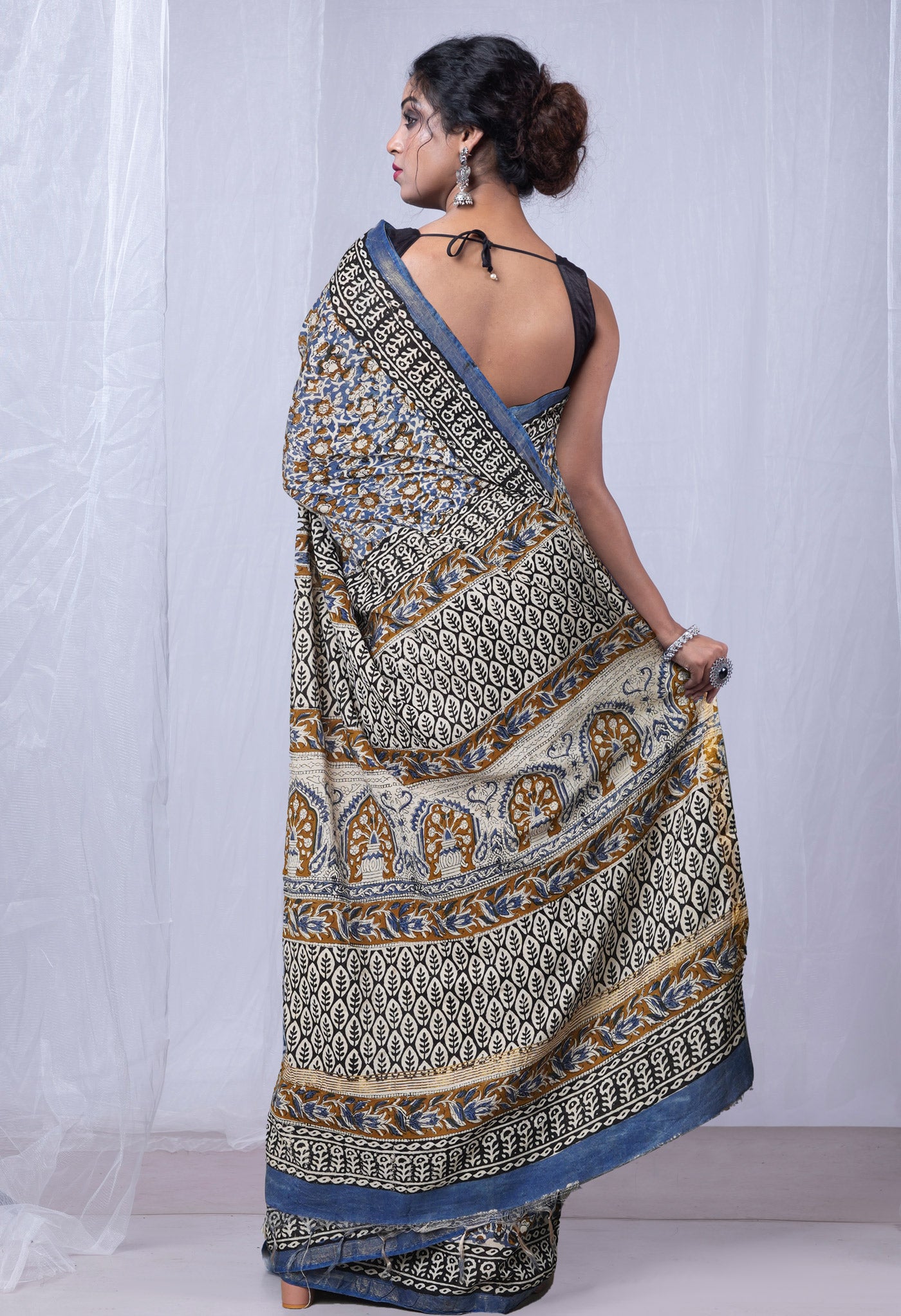 Blue Pure Bagru Printed Pashmina Sico Saree-UNM79059