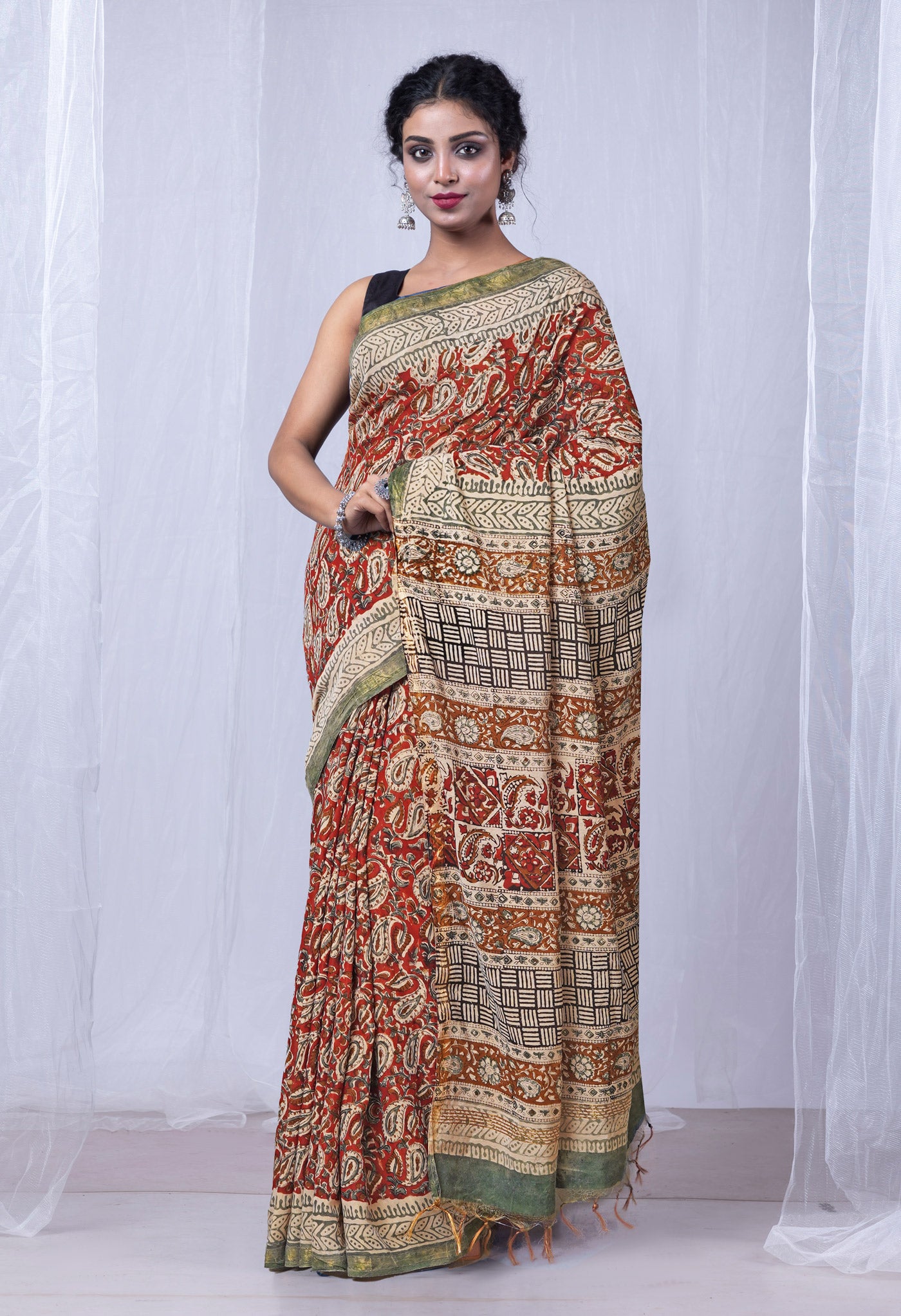 Red Pure Bagru Printed Pashmina Sico Saree-UNM79061