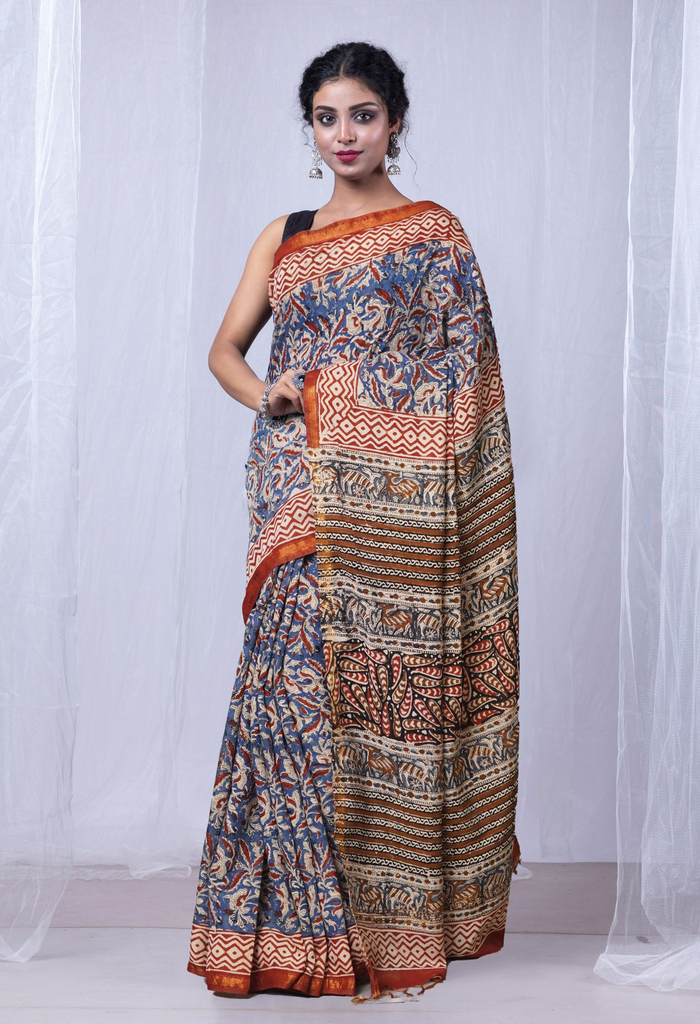 Blue Pure Bagru Printed Pashmina Sico Saree-UNM79062