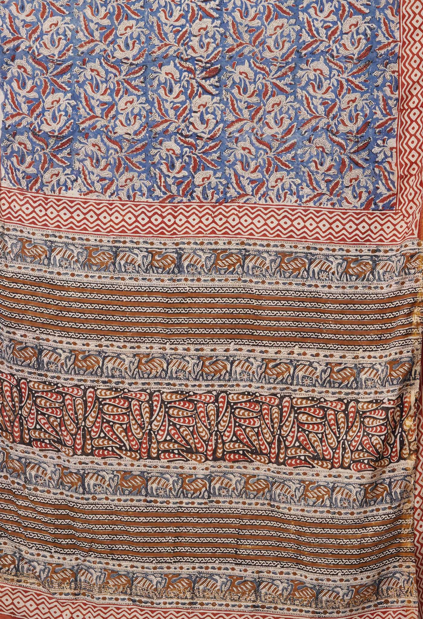 Blue Pure Bagru Printed Pashmina Sico Saree