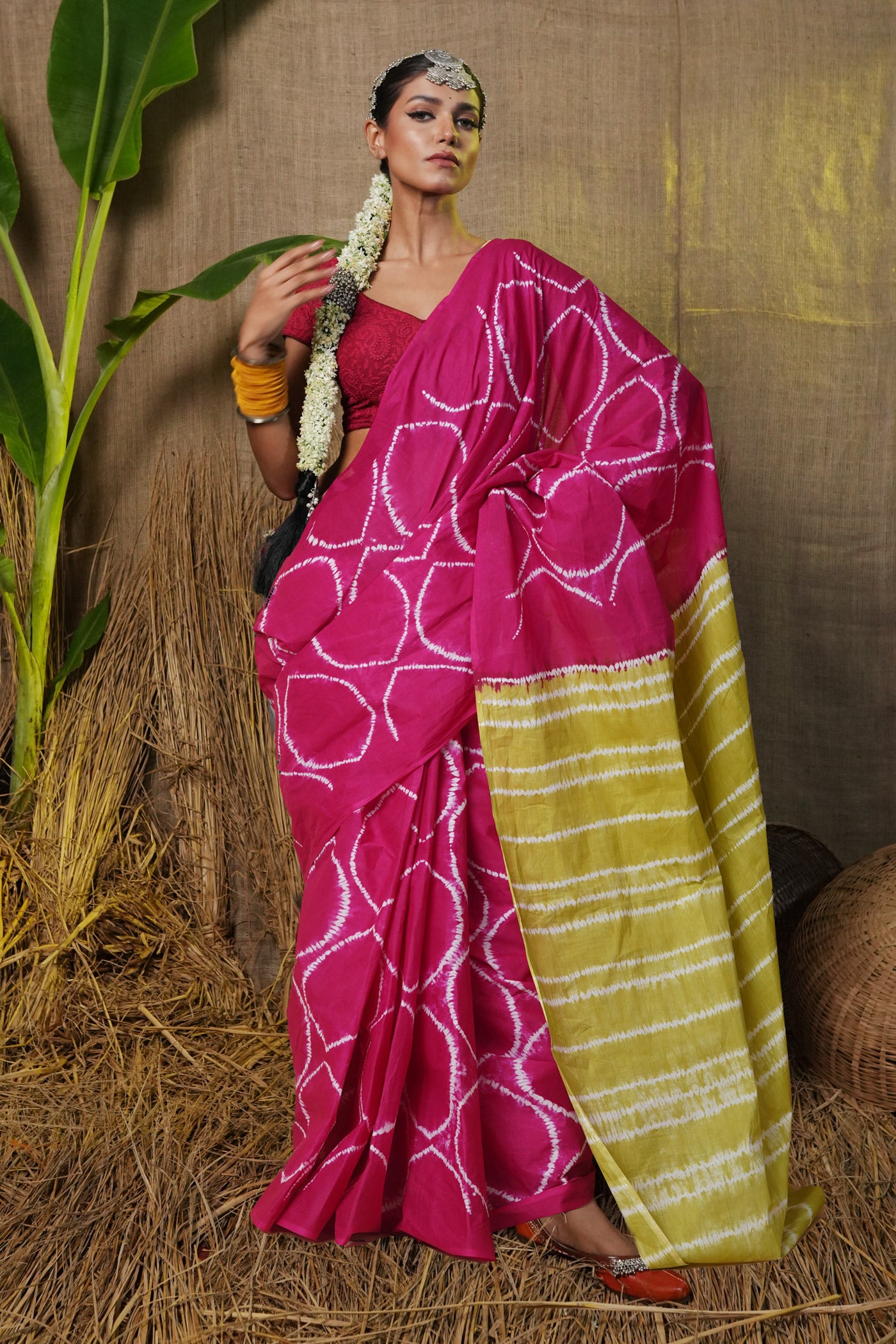 Pink-Green Pure Tie And Dye Shibori Printed Soft Cotton Saree-UNM79073