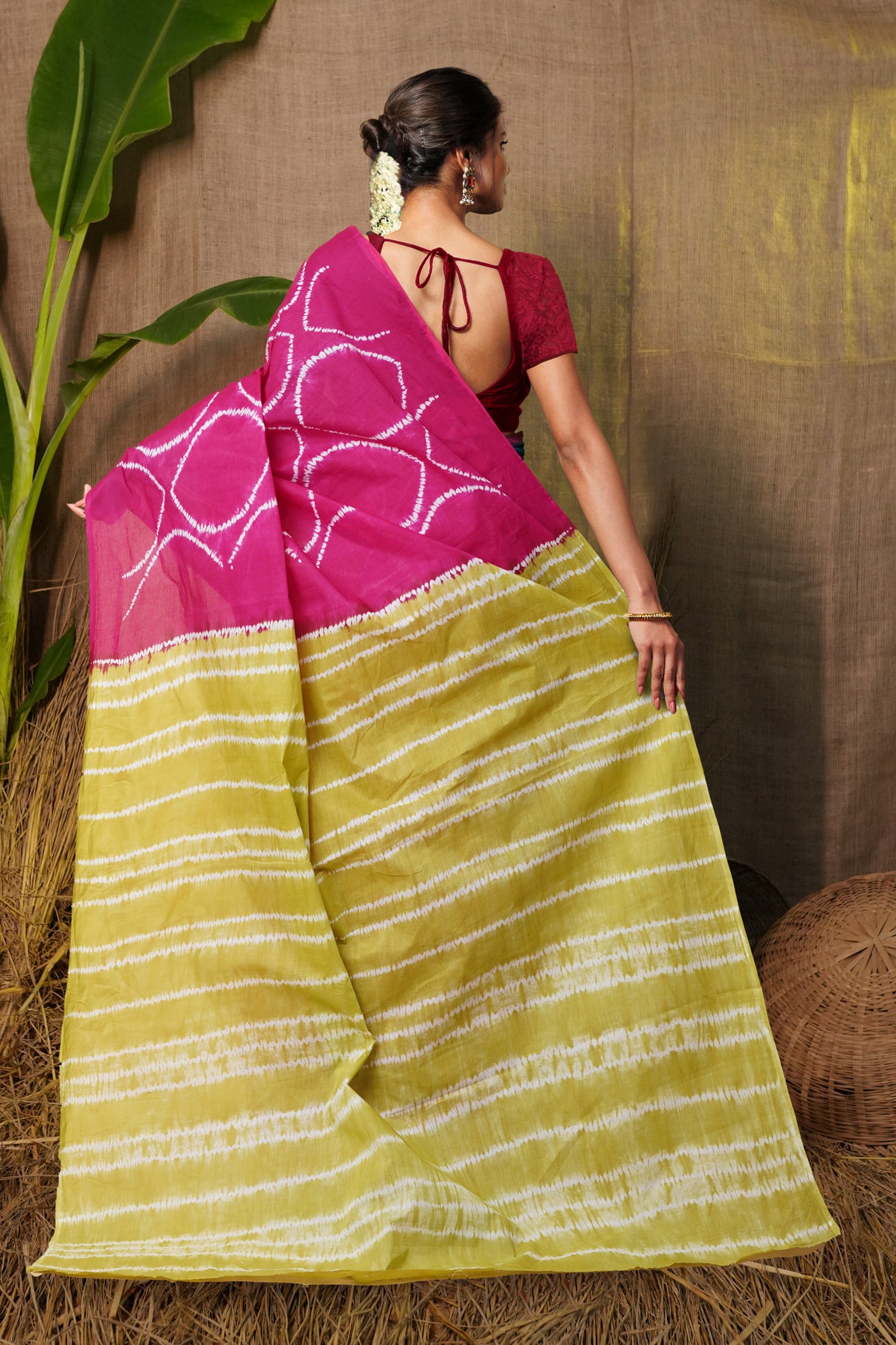 Pink-Green Pure Tie And Dye Shibori Printed Soft Cotton Saree-UNM79073