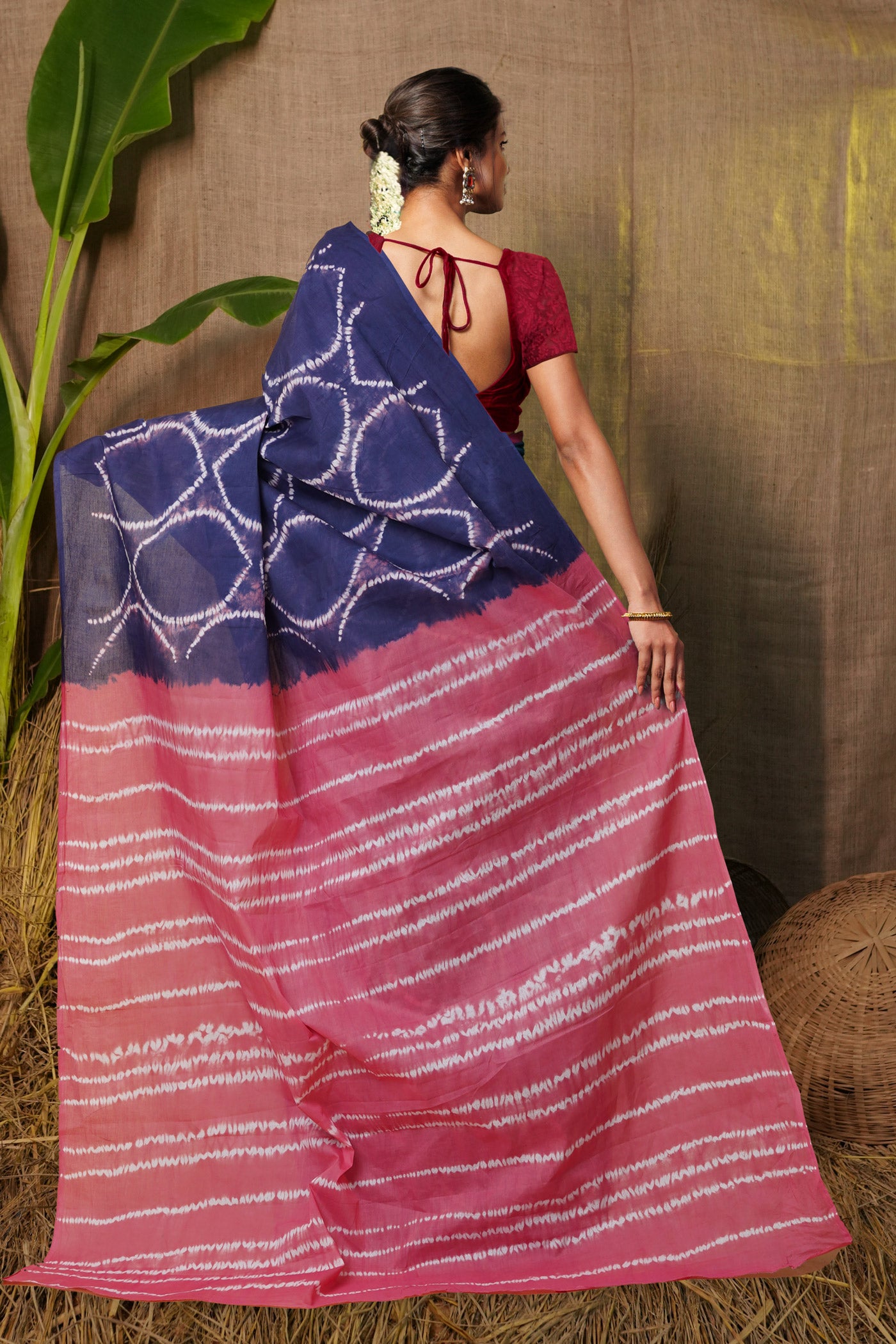 Blue-Pink Pure Tie And Dye Shibori Printed Soft Cotton Saree-UNM79074