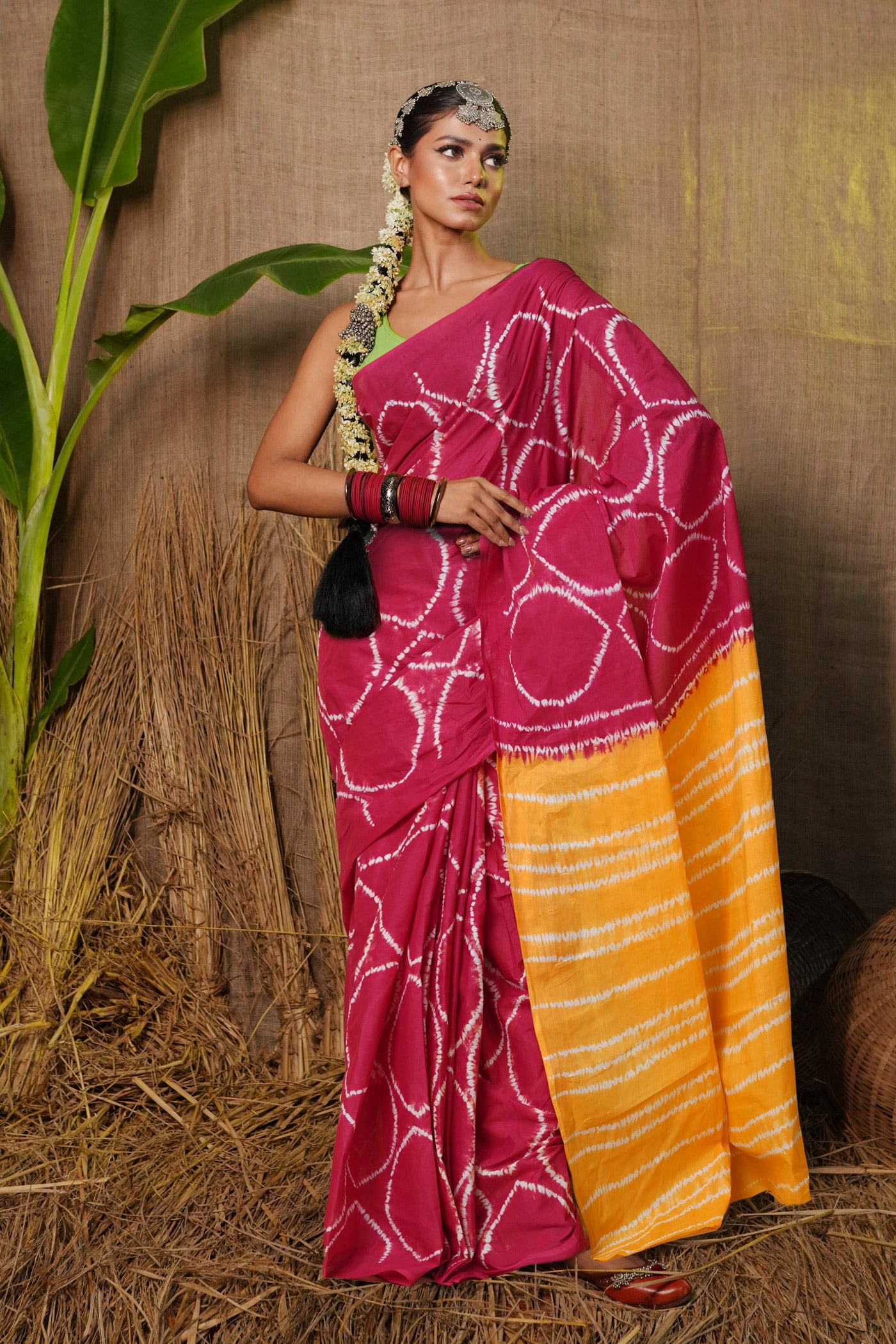 Pink-Yellow Pure Tie And Dye Shibori Printed Soft Cotton Saree-UNM79075