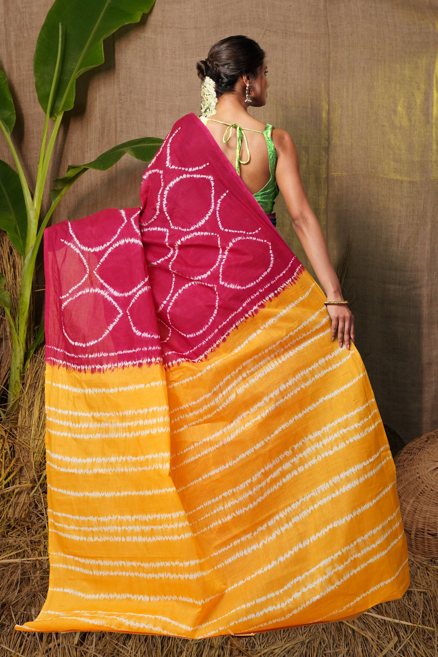 Pink-Yellow Pure Tie And Dye Shibori Printed Soft Cotton Saree-UNM79075