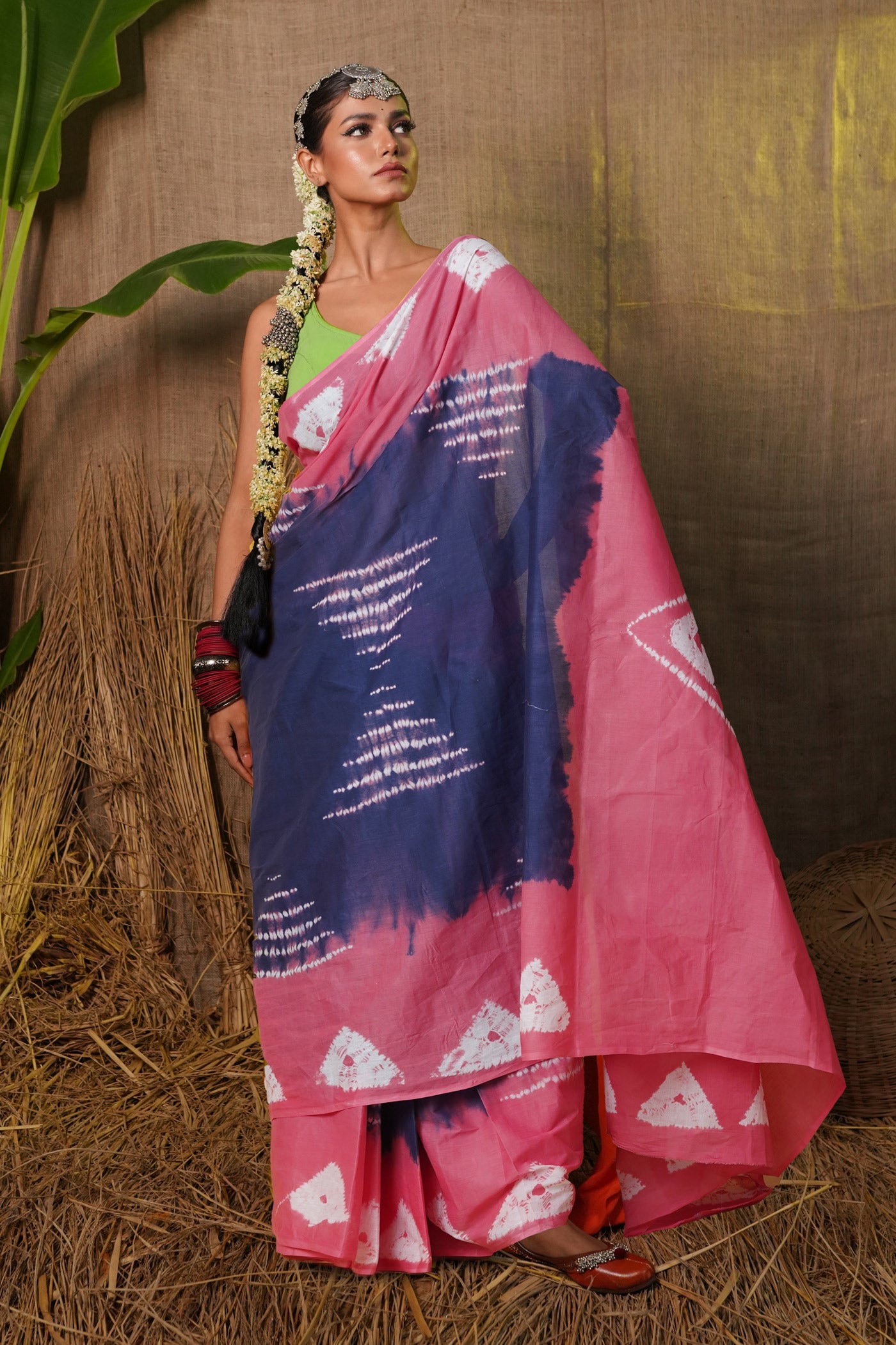 Blue-Pink Pure Tie And Dye Shibori Printed Soft Cotton Saree-UNM79076