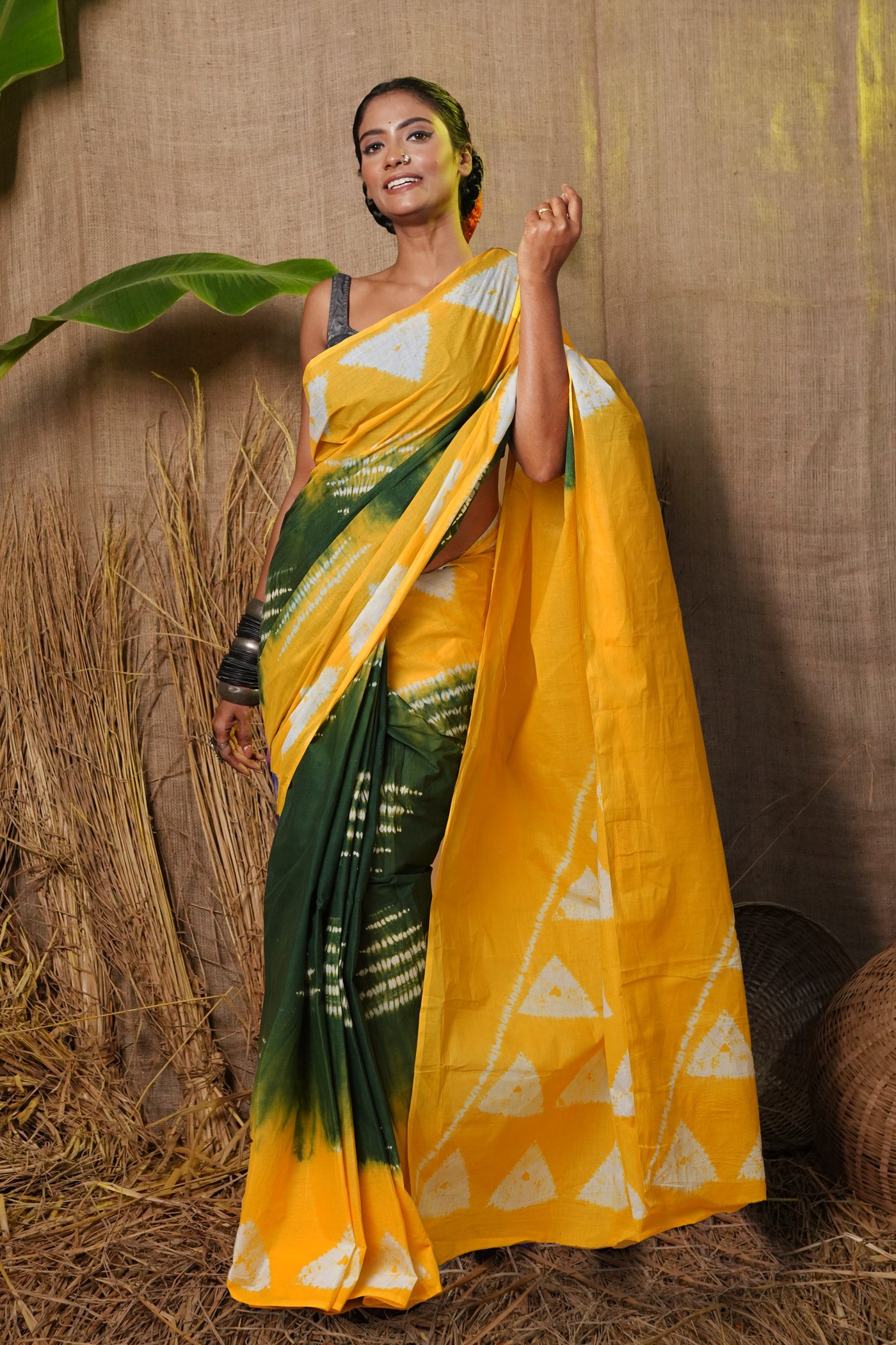 Green-Yellow Pure Tie And Dye Shibori Printed Soft Cotton Saree-UNM79079