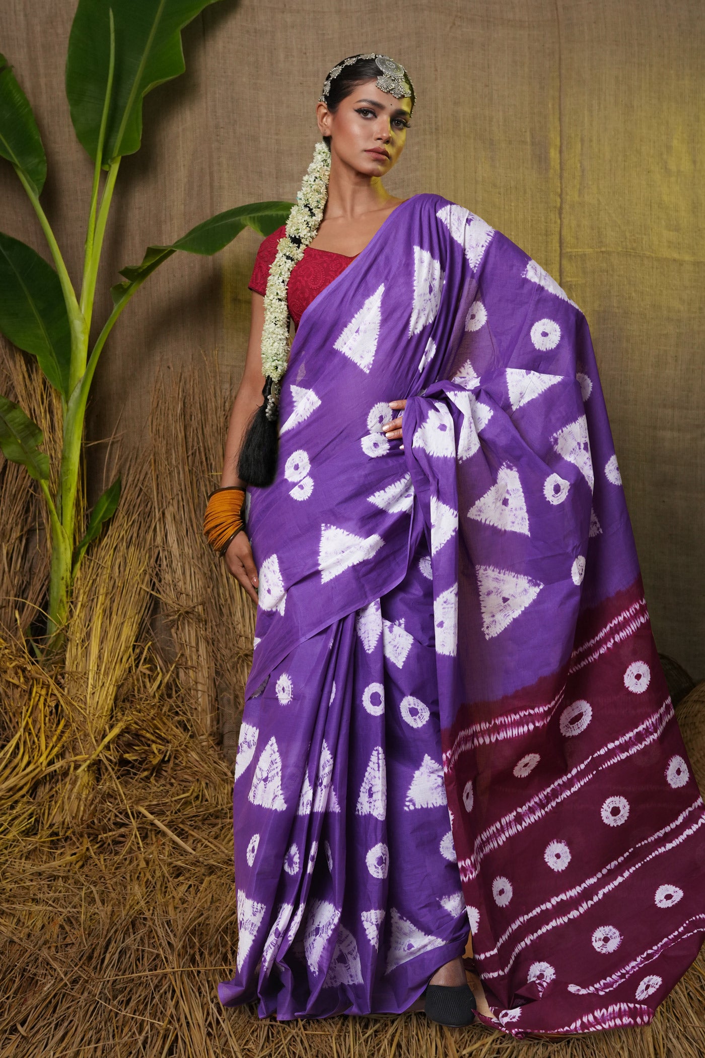 Violet-Purple Pure Tie And Dye Shibori Printed Soft Cotton Saree-UNM79081