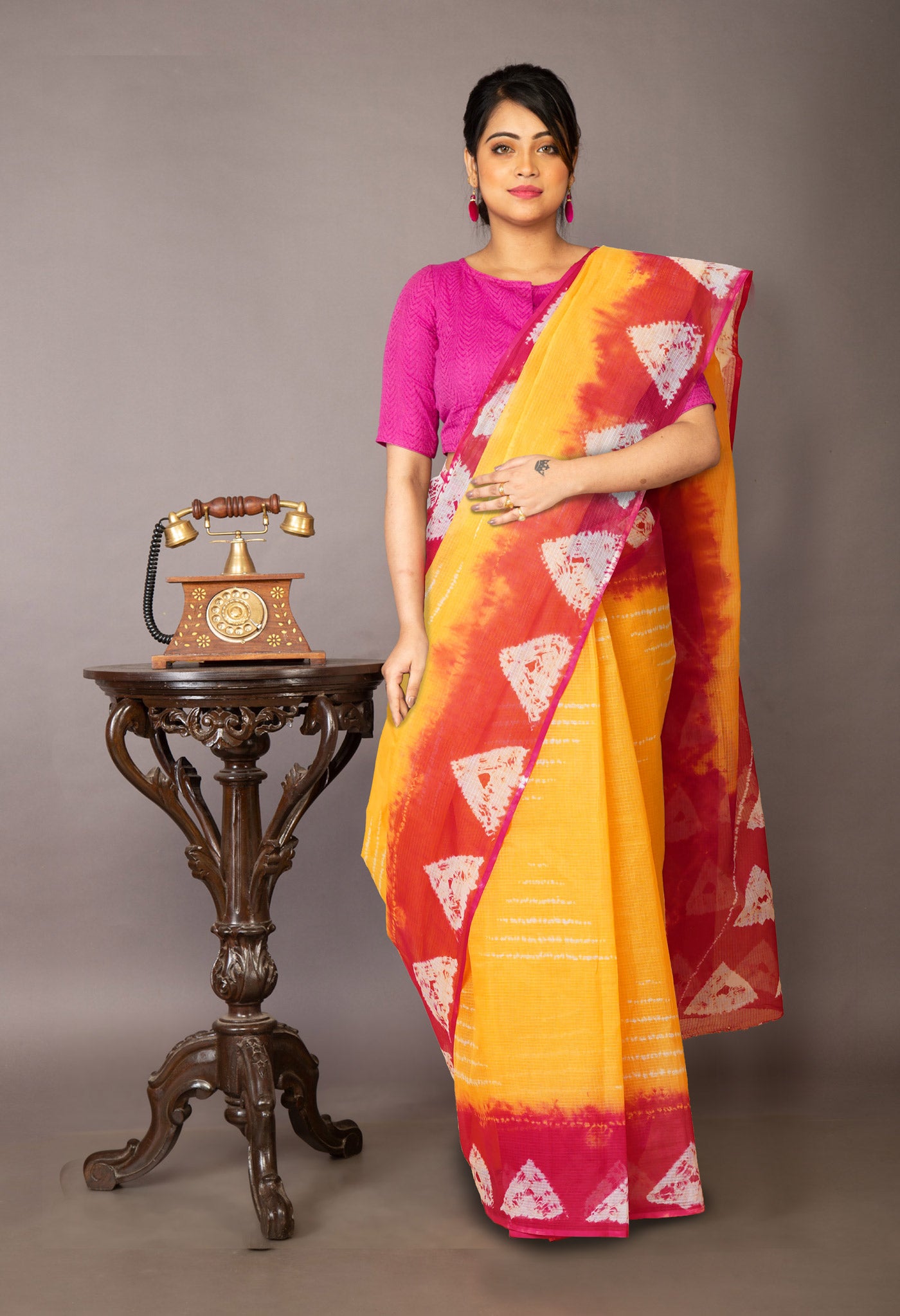 Yellow-Pink Pure Tie And Dye Shibori Printed Kota Saree-UNM79095