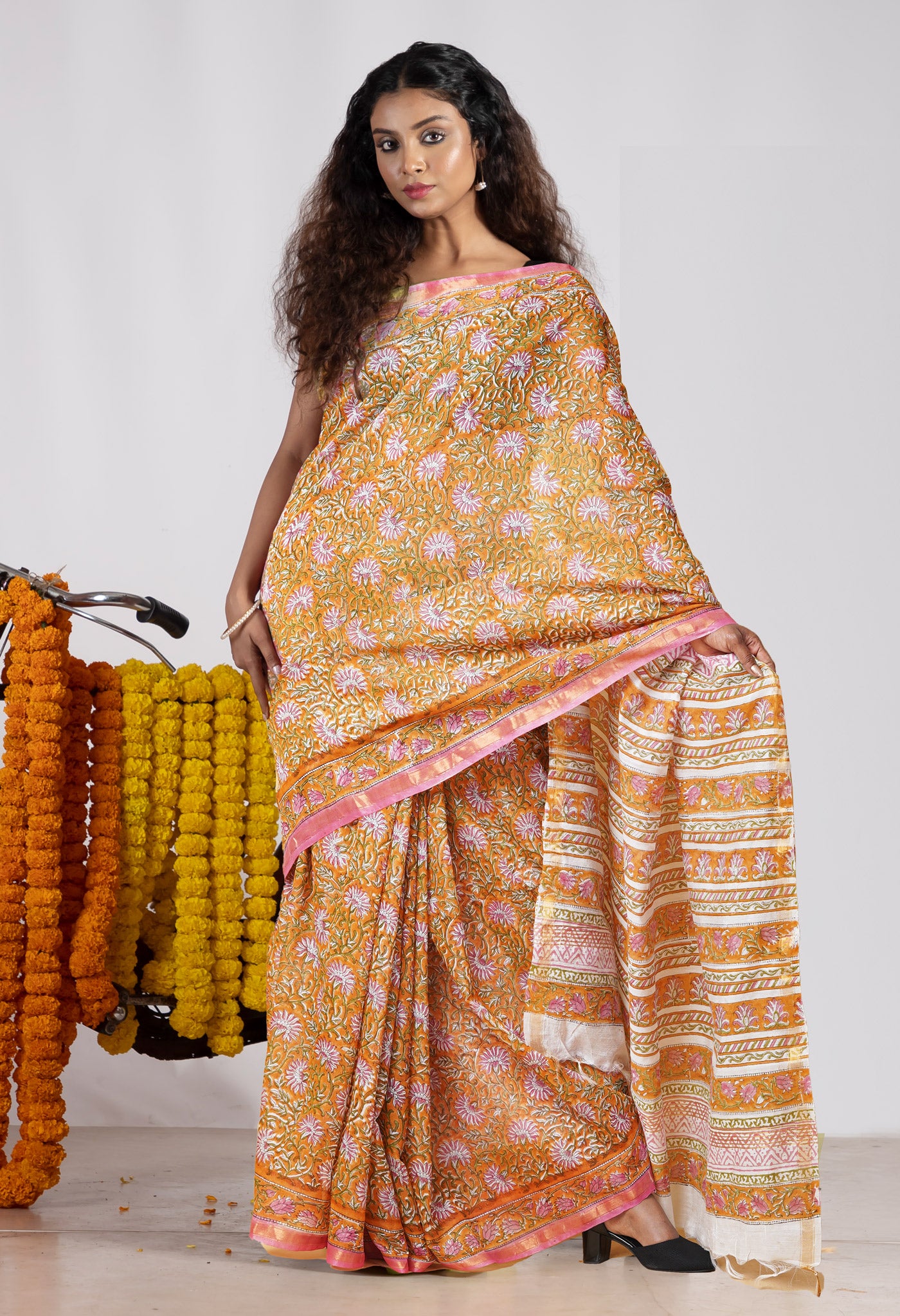 Mustard Yellow Pure Pashmina Block Printed Chanderi Soft Silk Saree