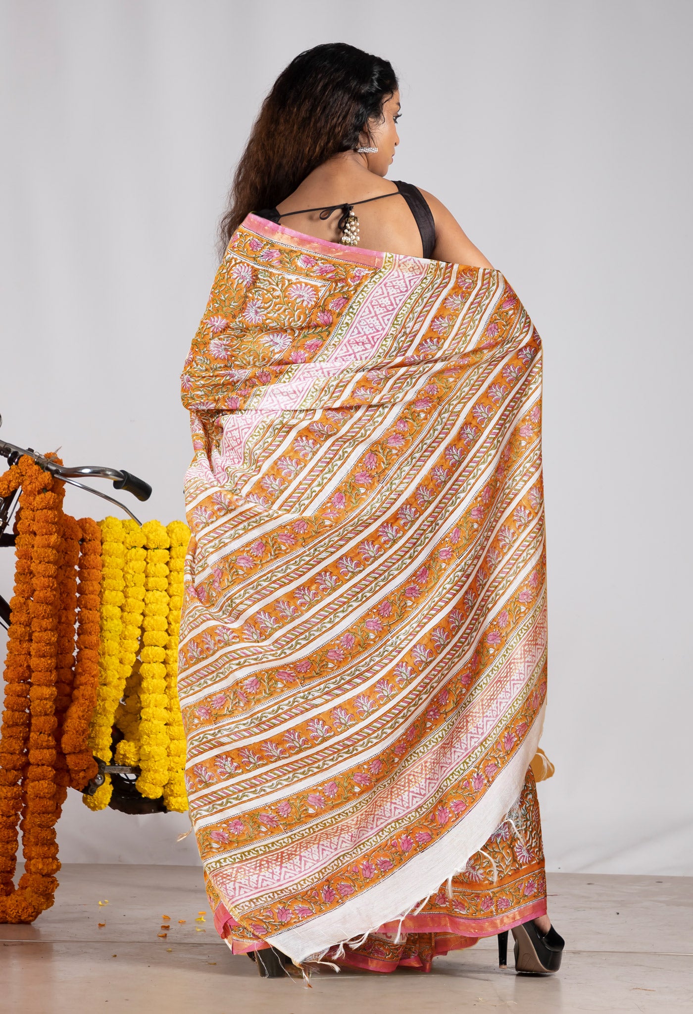 Mustard Yellow Pure Pashmina Block Printed Chanderi Soft Silk Saree