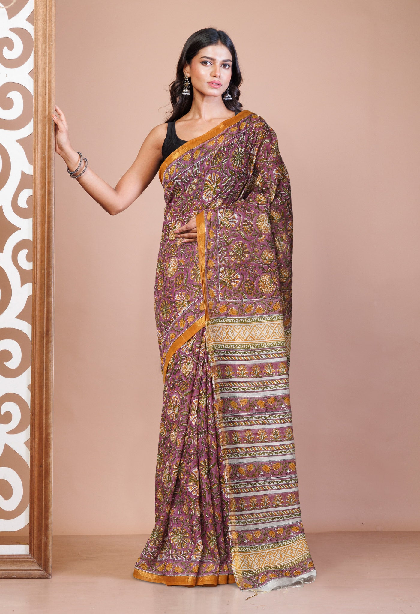 Purple Pure Pashmina Block Printed Chanderi Soft Silk Saree-UNM79102