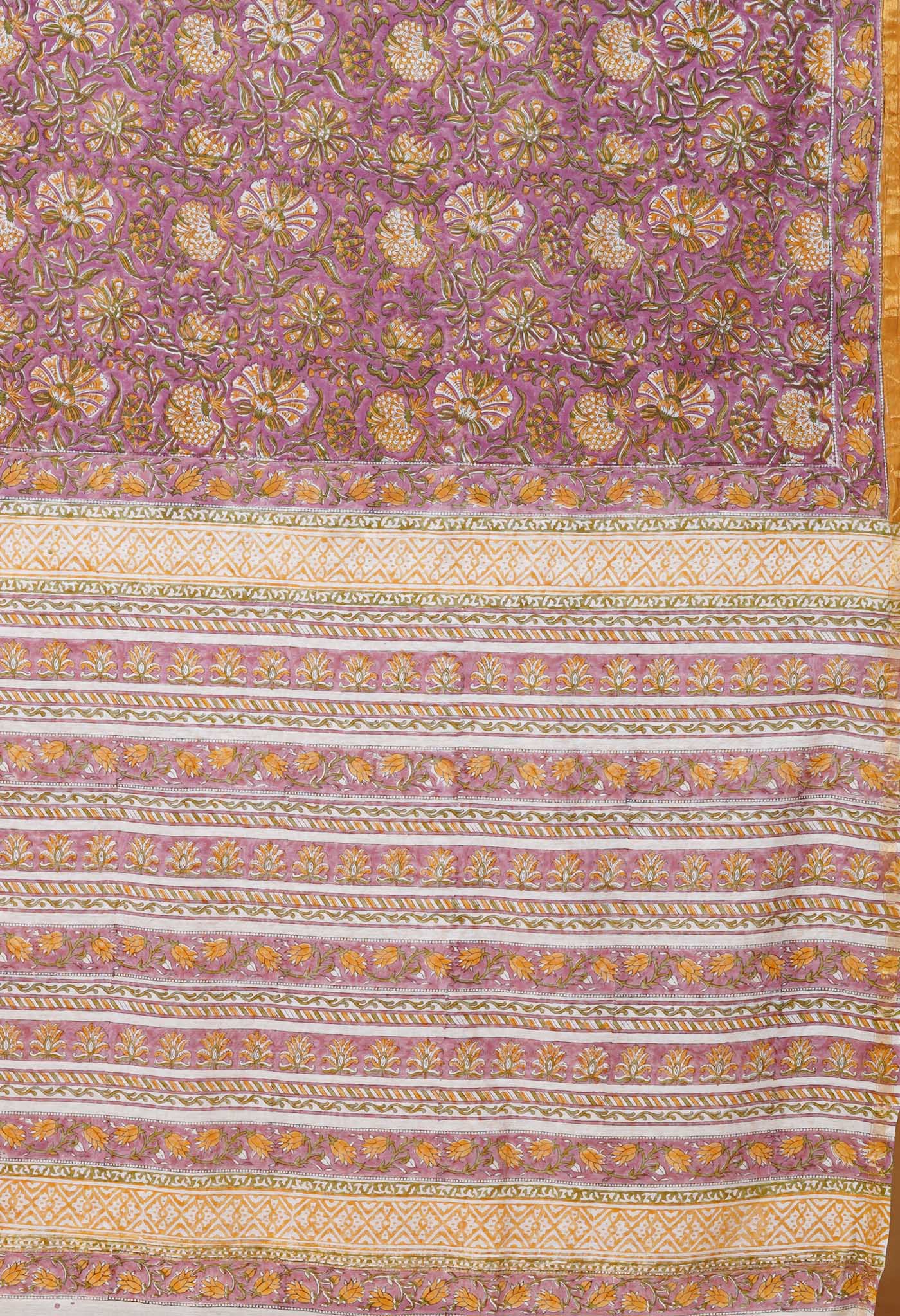 Purple Pure Pashmina Block Printed Chanderi Soft Silk Saree