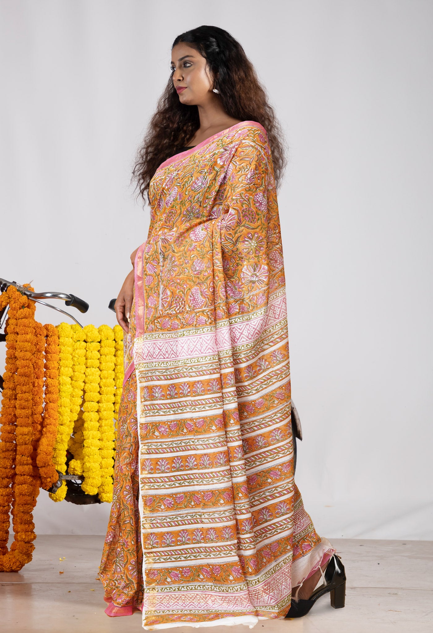 Mustard Yellow Pure Pashmina Block Printed Chanderi Soft Silk Saree