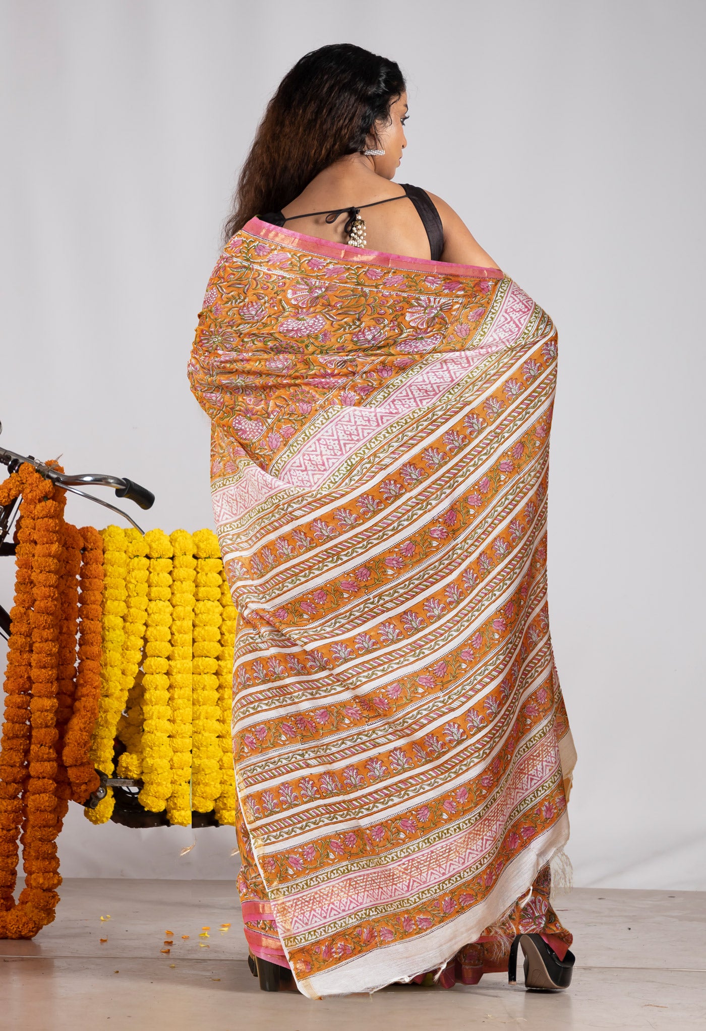 Mustard Yellow Pure Pashmina Block Printed Chanderi Soft Silk Saree