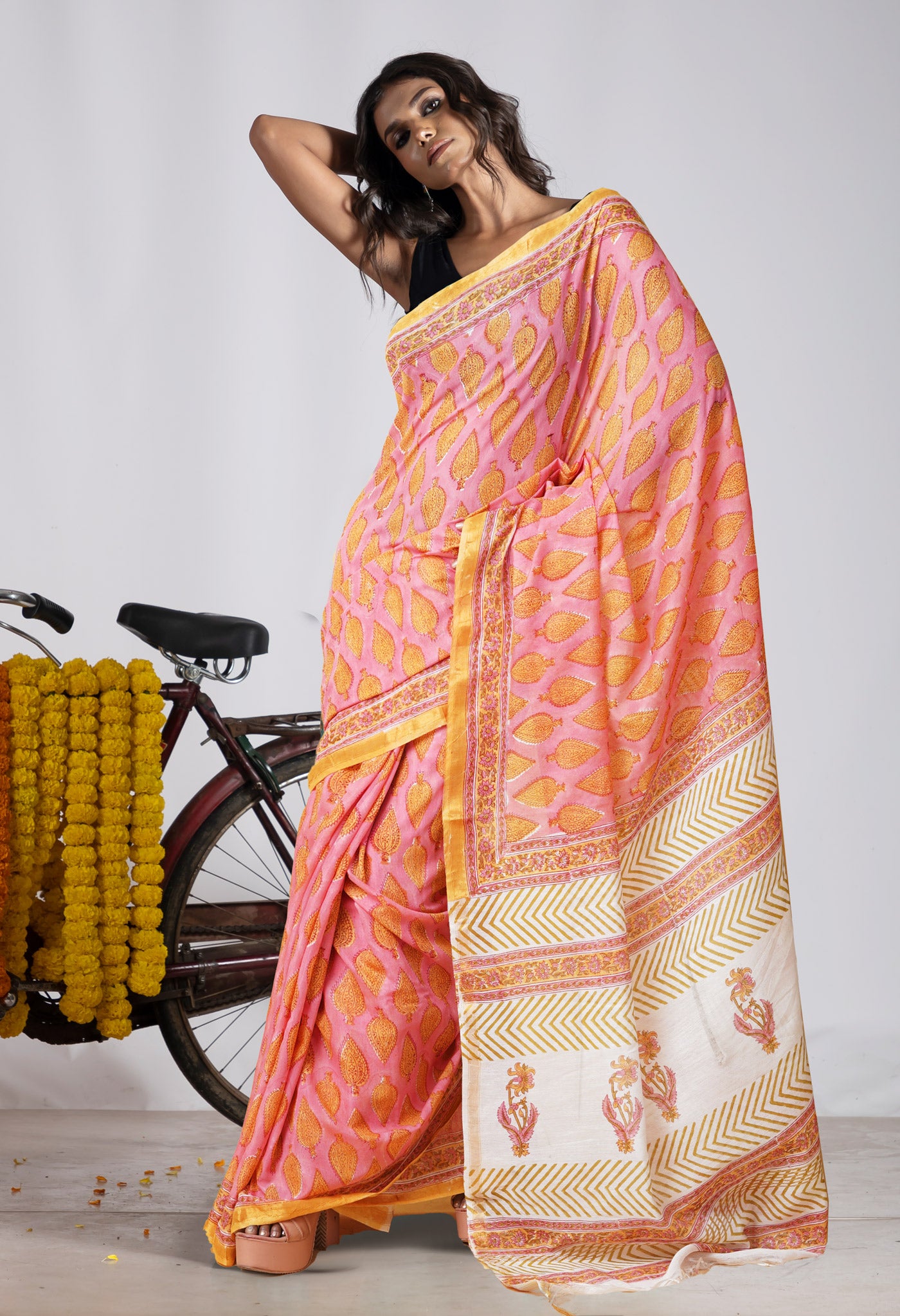 Pink Pure Pashmina Block Printed Chanderi Soft Silk Saree