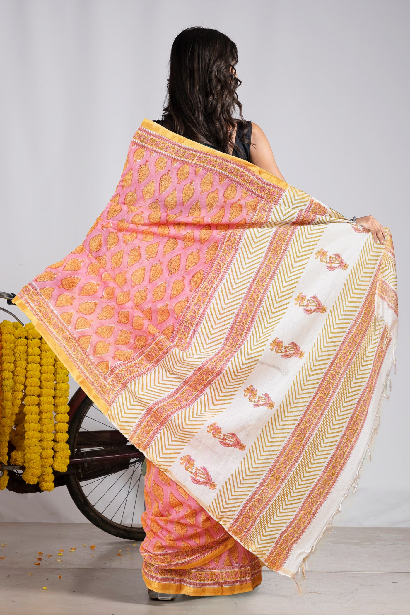 Pink Pure Pashmina Block Printed Chanderi Soft Silk Saree