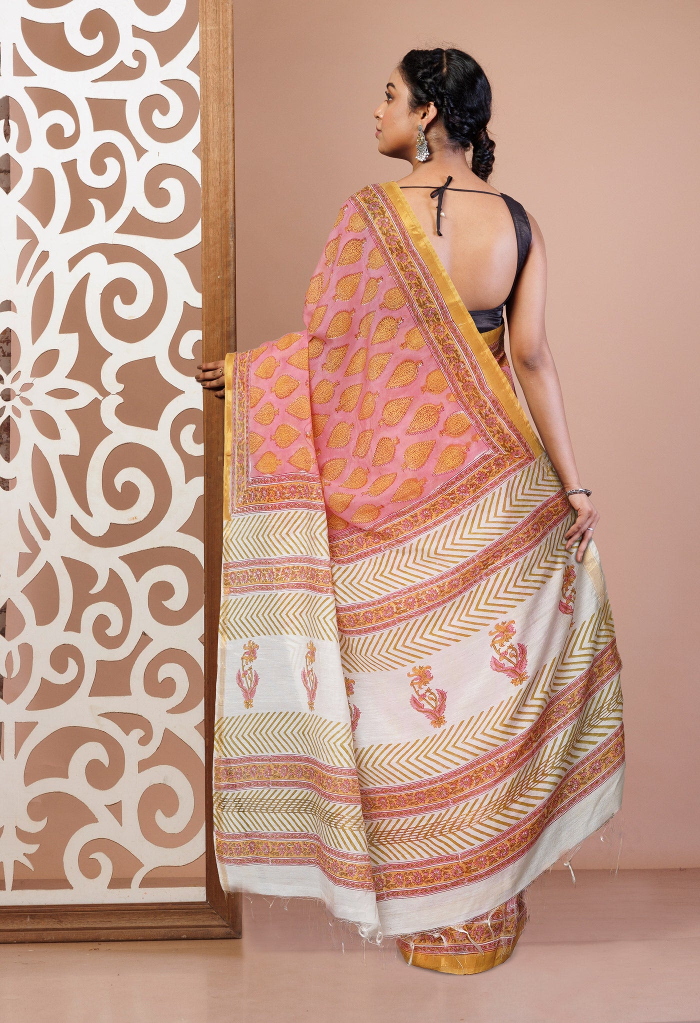 Pink Pure Pashmina Block Printed Chanderi Soft Silk Saree-UNM79104