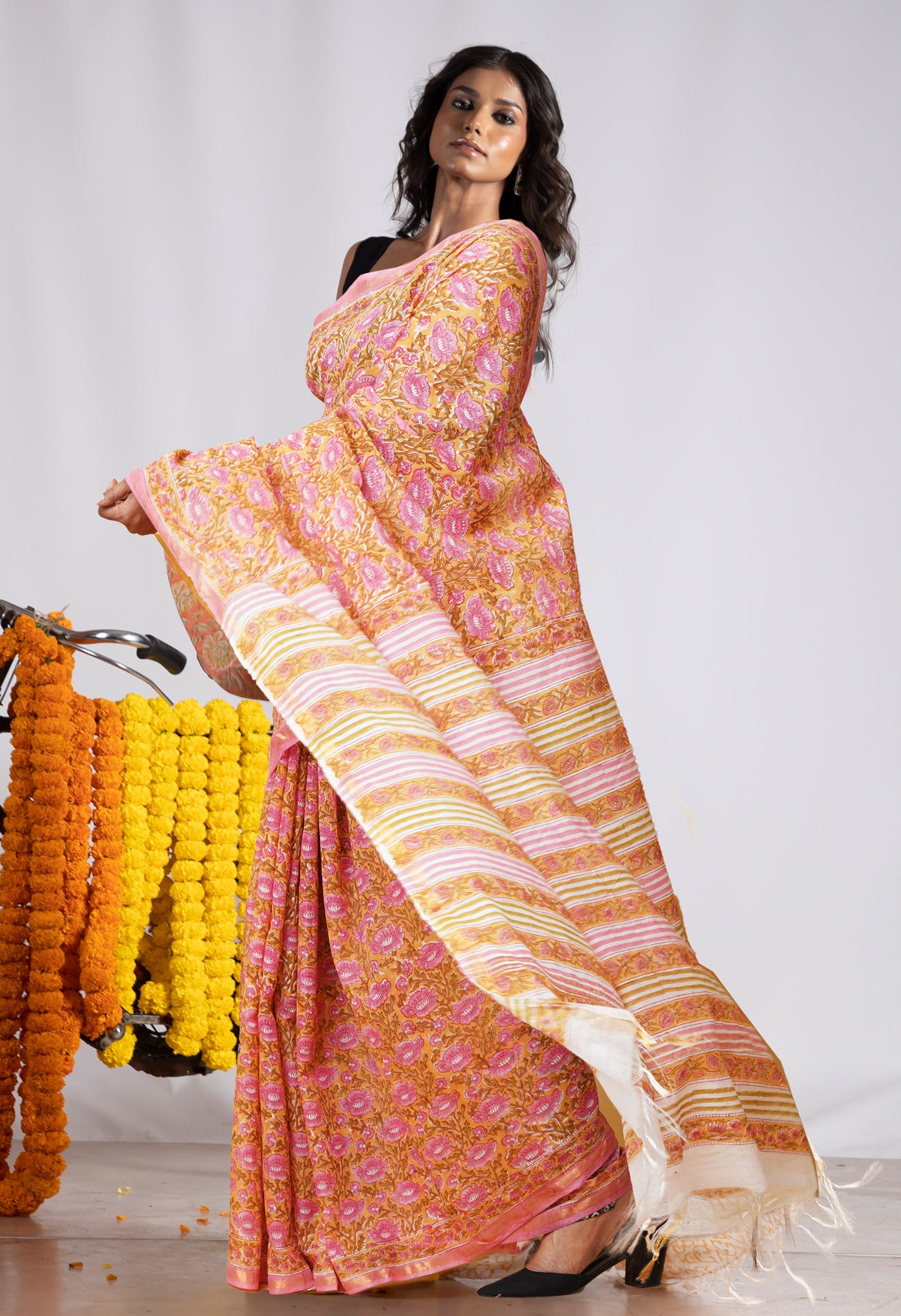 Yellow Pure Pashmina Block Printed Chanderi Soft Silk Saree