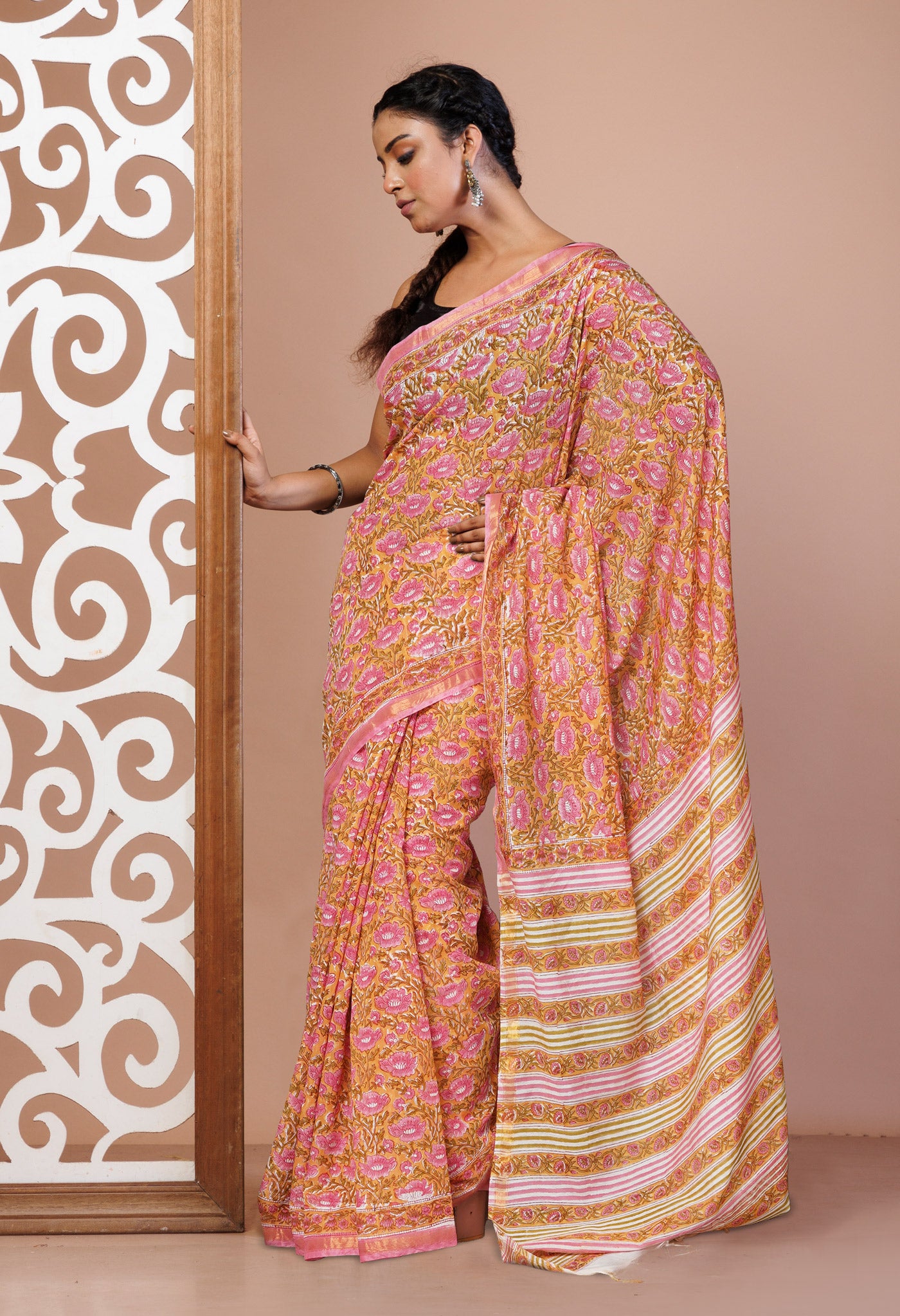 Yellow Pure Pashmina Block Printed Chanderi Soft Silk Saree-UNM79105