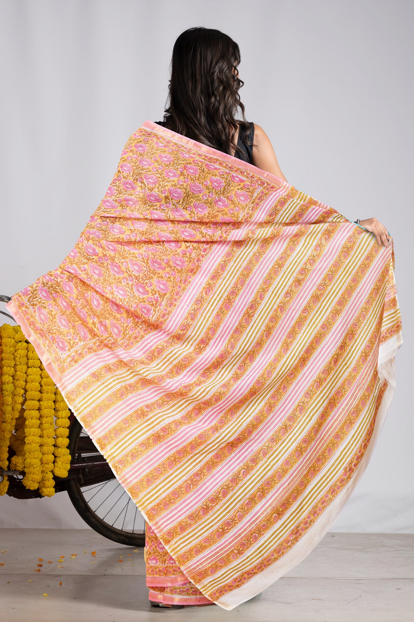 Yellow Pure Pashmina Block Printed Chanderi Soft Silk Saree