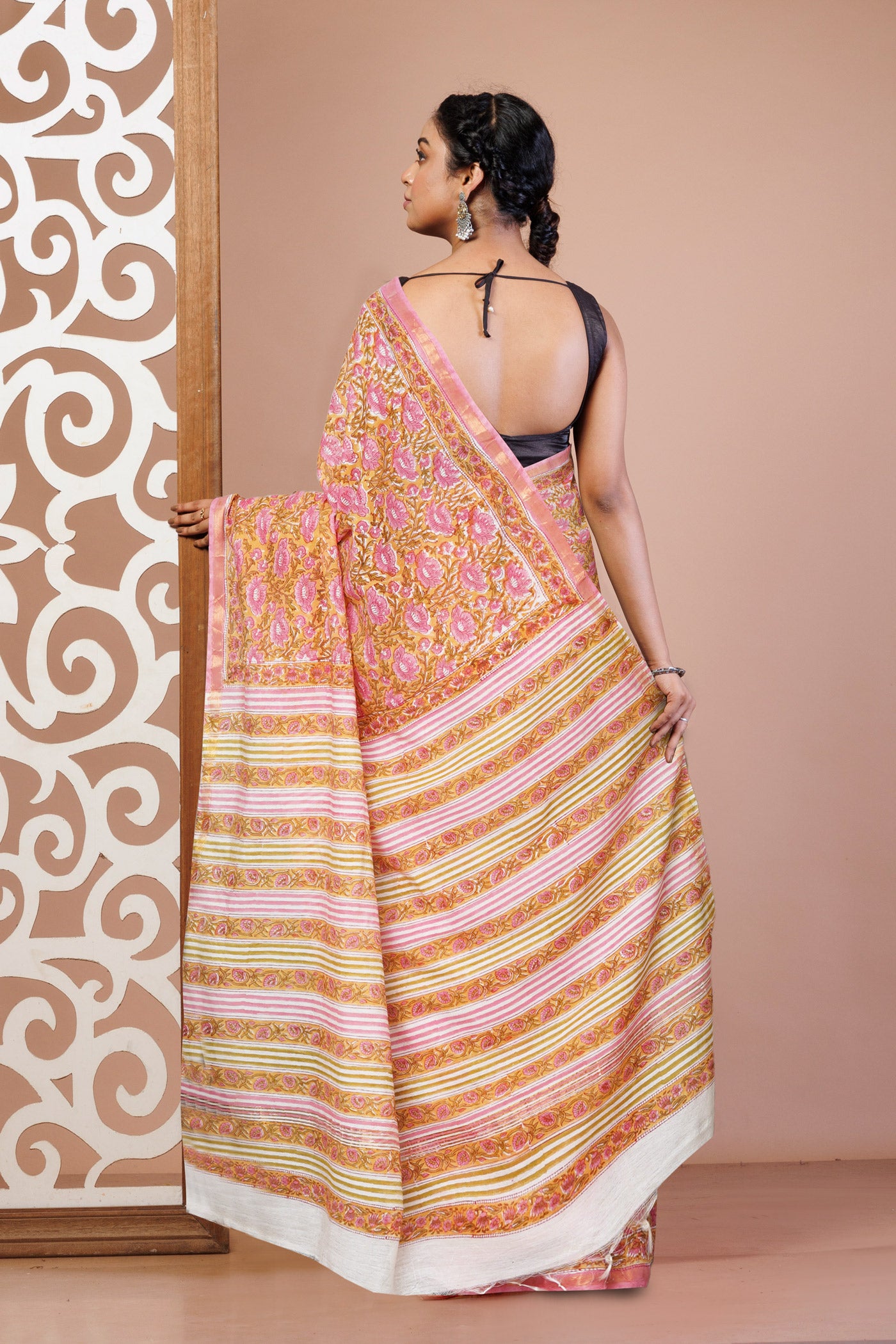 Yellow Pure Pashmina Block Printed Chanderi Soft Silk Saree-UNM79105