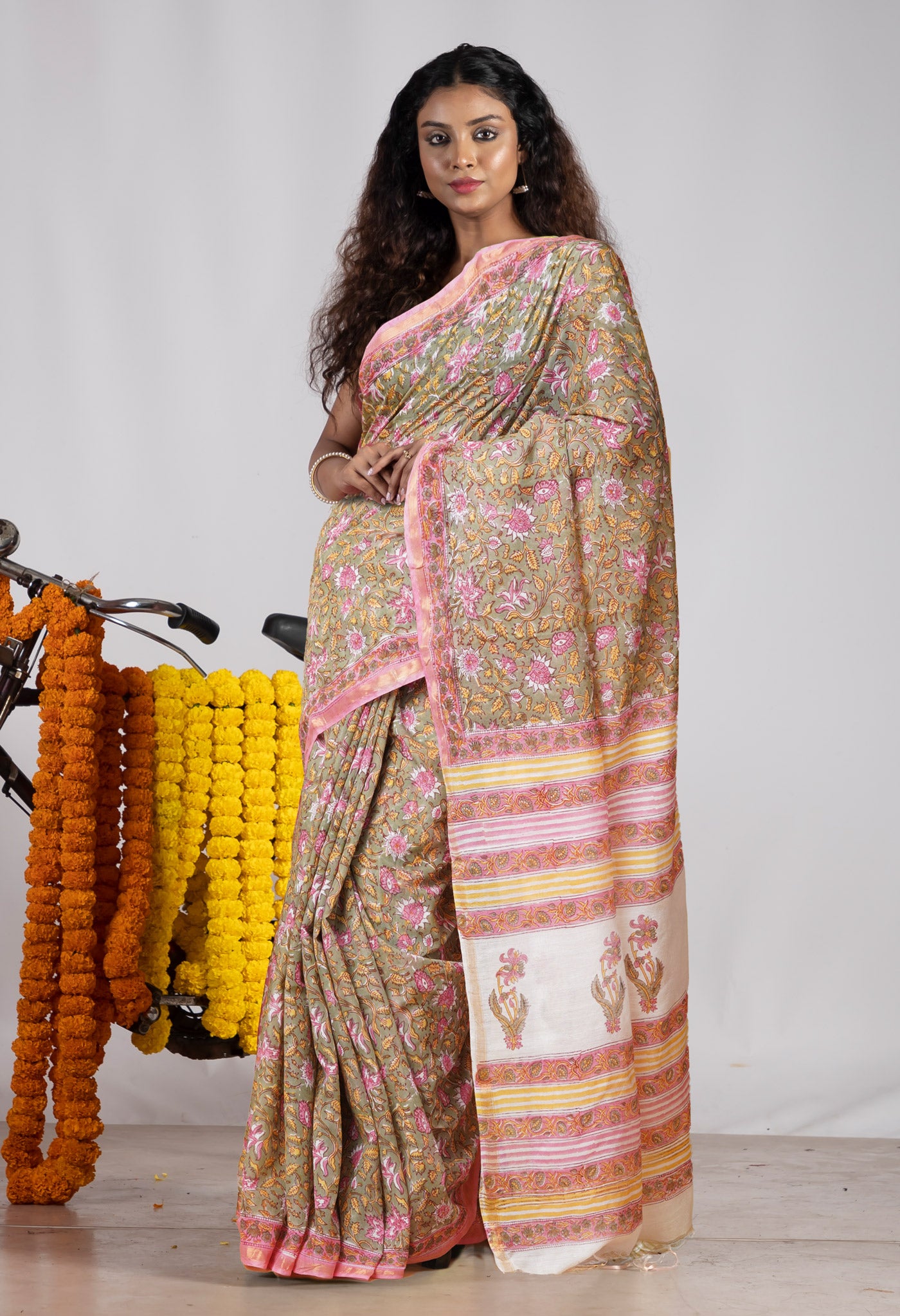 Green Pure Pashmina Block Printed Chanderi Soft Silk Saree