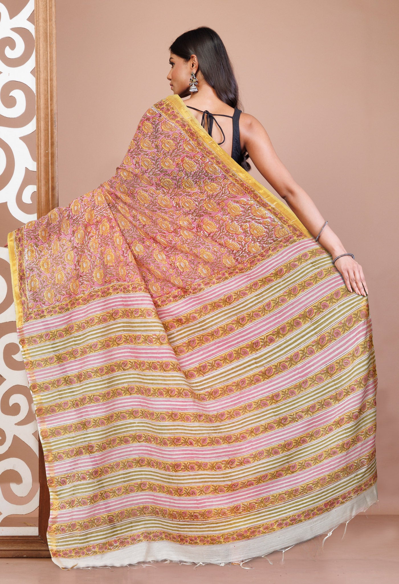 Pink Pure Pashmina Block Printed Chanderi Soft Silk Saree-UNM79107